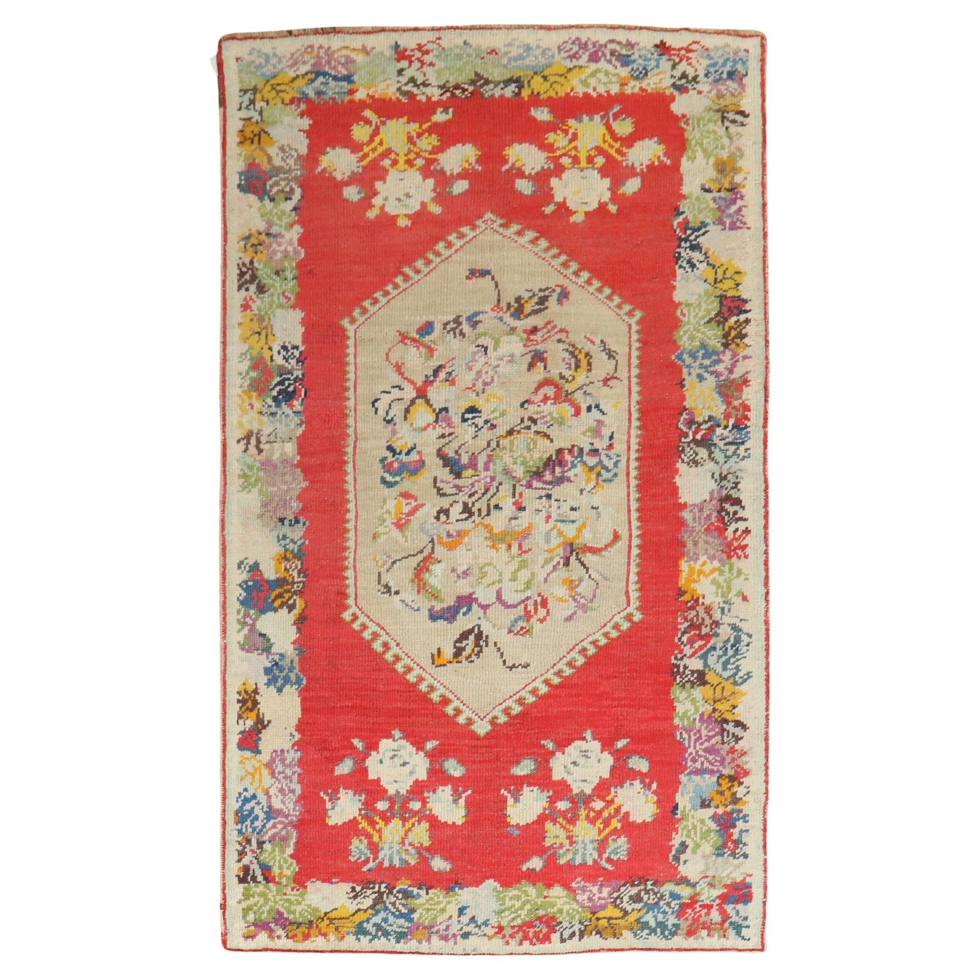 20th Century Bright Red Colorful Turkish Accent Rug For Sale