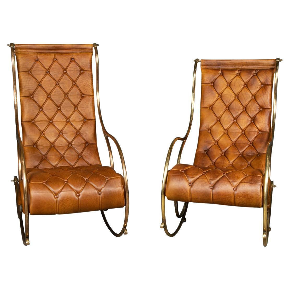 20th Century British Made Pair of Leather Rocking Chairs, c.1950 For Sale