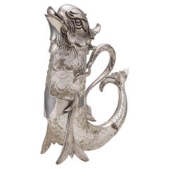 20th Century British Made Silver Plated & Glass Dolphin Wine Jug, c.1910