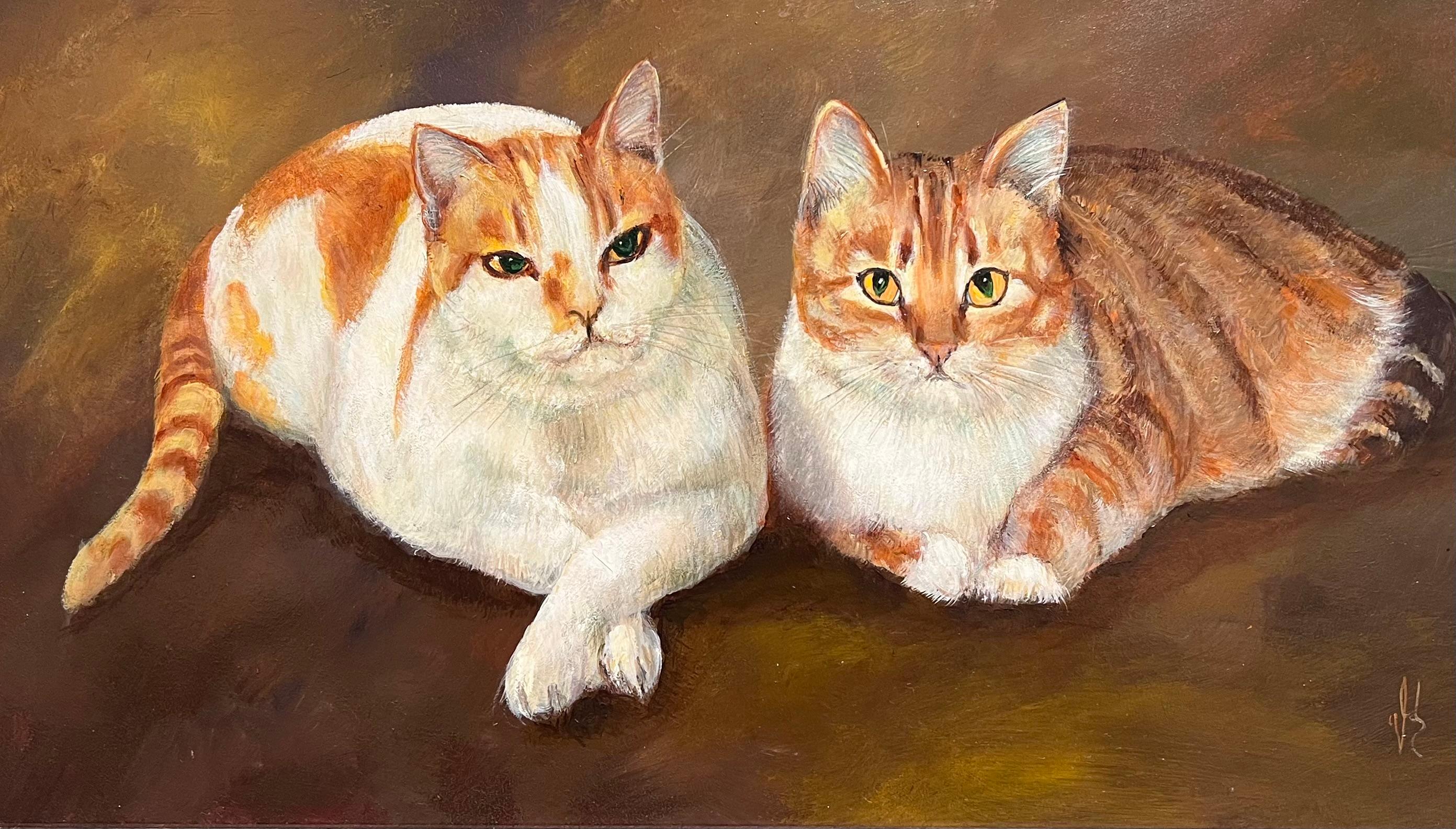 Ginger e gatti bianchi Pittura ad olio originale britannica firmata Amici felini - Painting di 20th Century British School