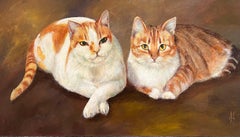 Ginger & White Cats Original British Signed Oil Painting Feline Friends