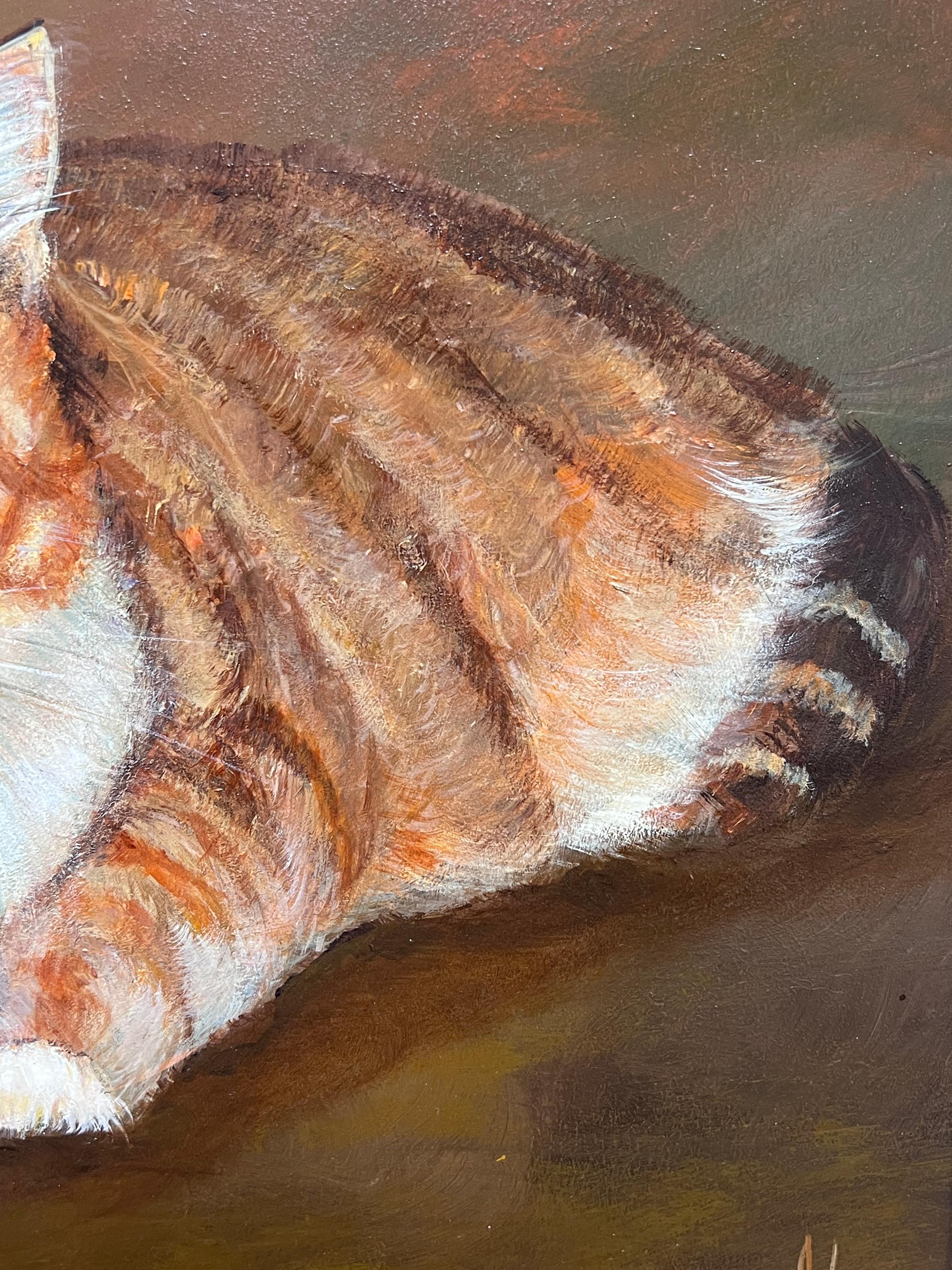 Ginger e gatti bianchi Pittura ad olio originale britannica firmata Amici felini - Animal Painting Marrone di 20th Century British School