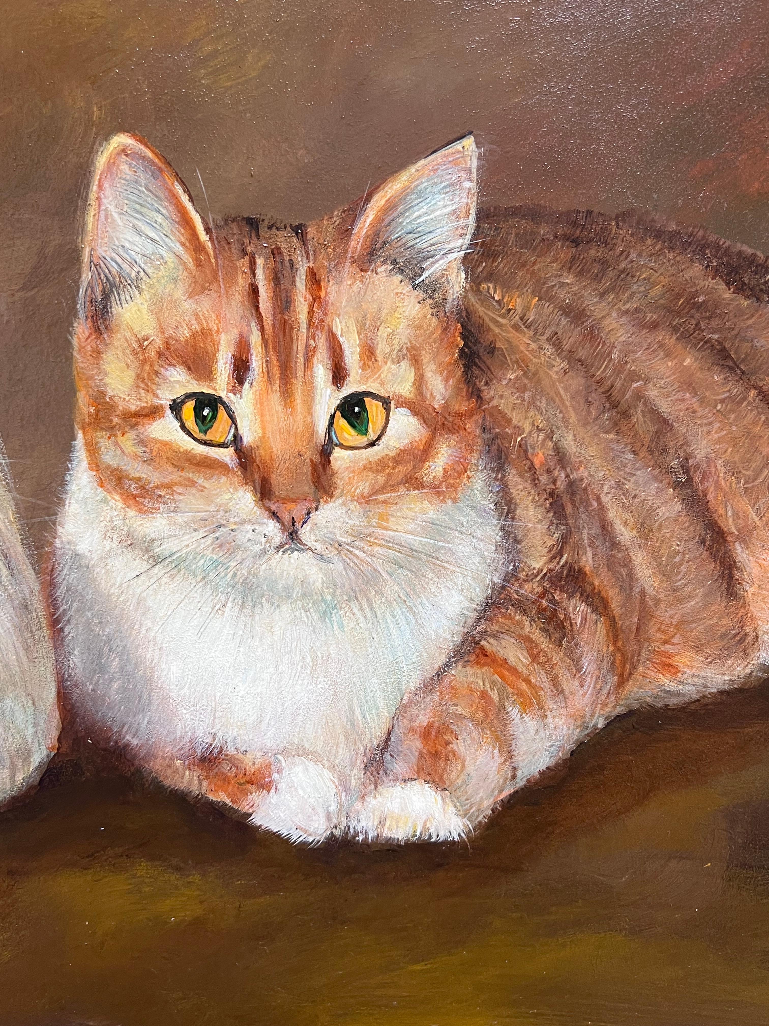 Gatti Ginger & White
English School, 20° secolo
firmata con il monogramma dell'artista 
olio su tavola, incorniciato 
incorniciato: 17 x 26 pollici
tavola: 12,5 x 21,5 pollici
Provenienza: collezione privata, Buckinghamshire
Condizioni: ottime