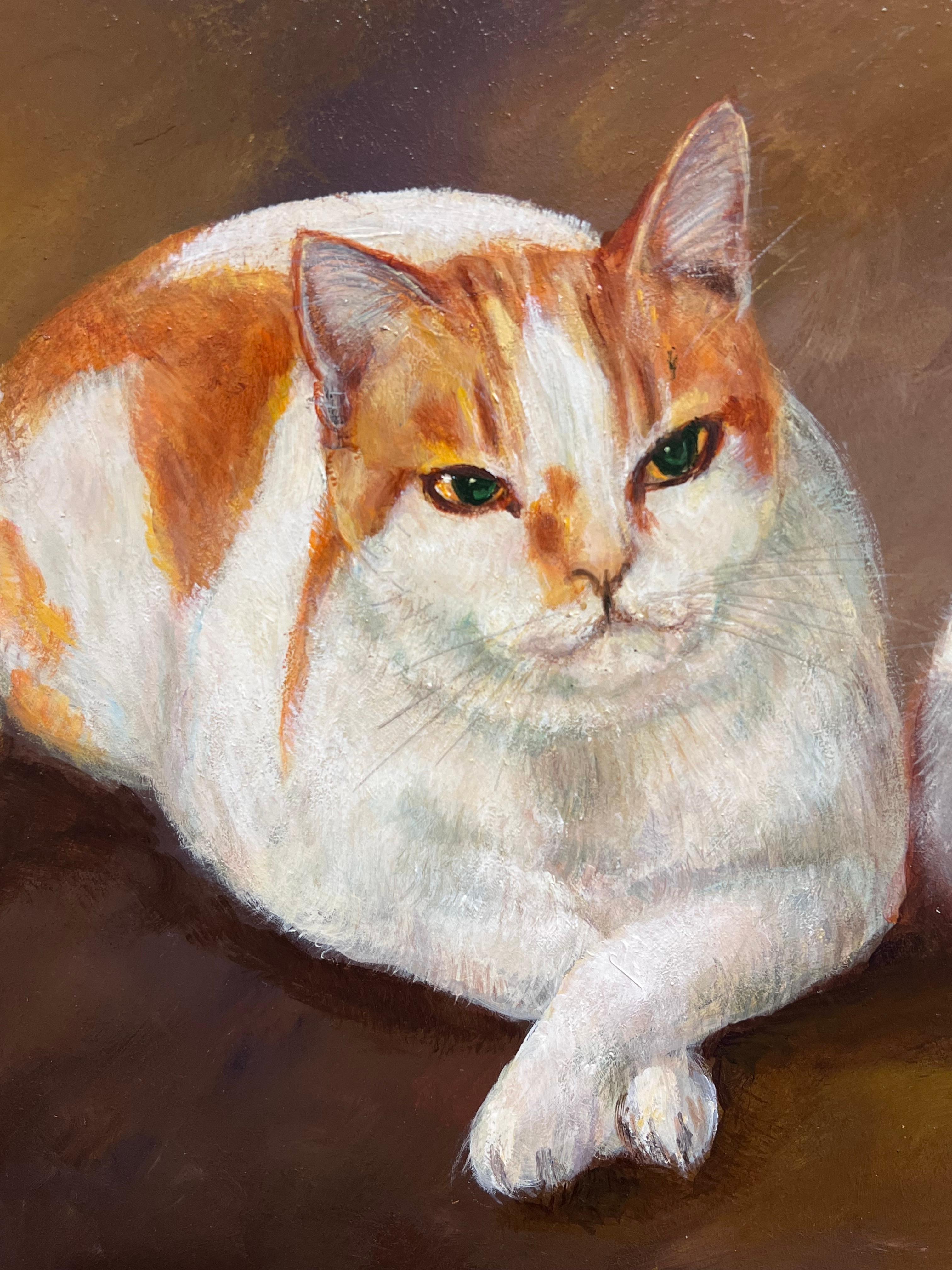 Ginger e gatti bianchi Pittura ad olio originale britannica firmata Amici felini in vendita 1