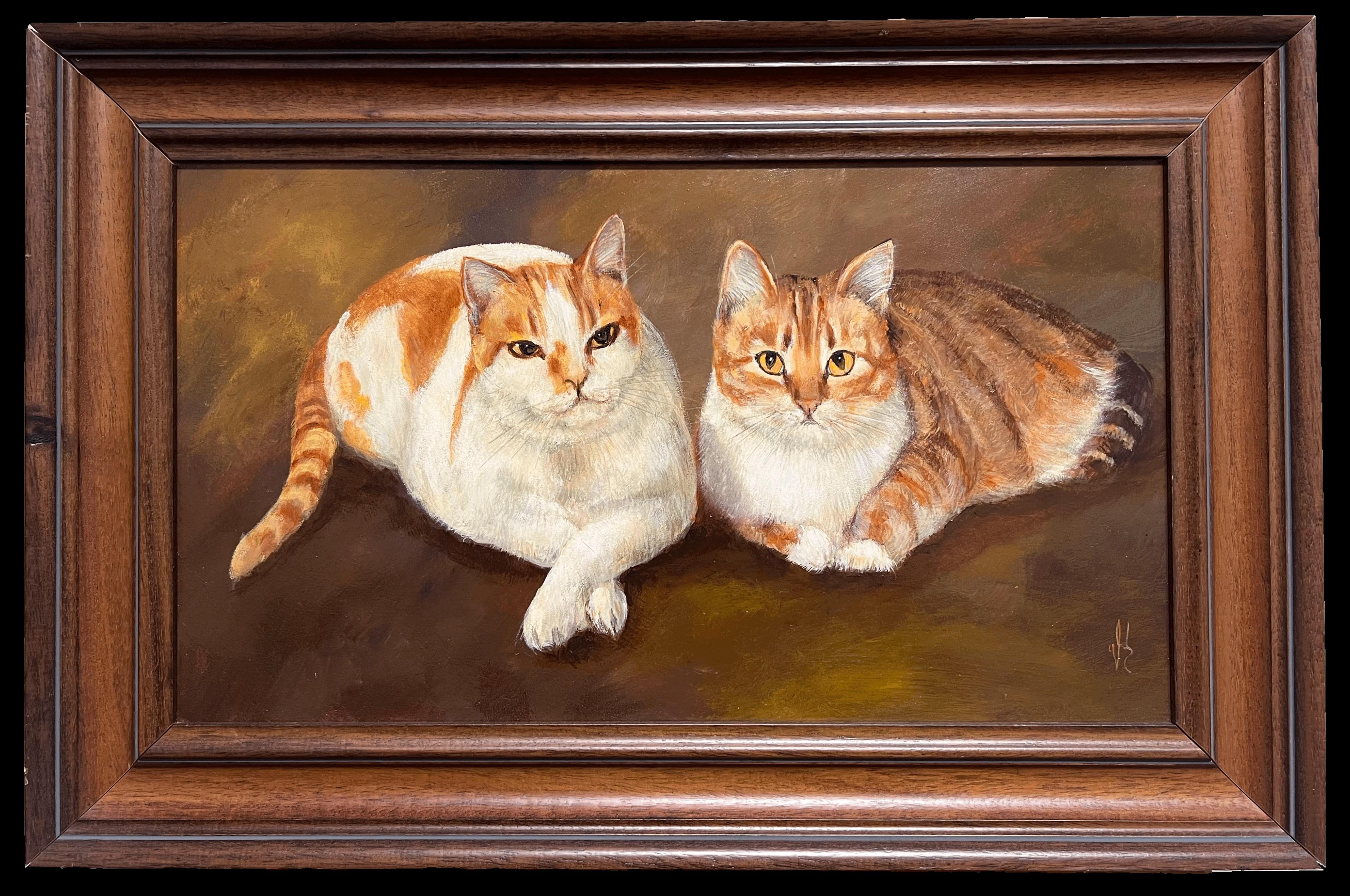 Ginger e gatti bianchi Pittura ad olio originale britannica firmata Amici felini
