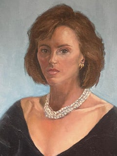 Large 1970's British Oil Painting Portrait of Seated Lady Black Dress Pearl Neck