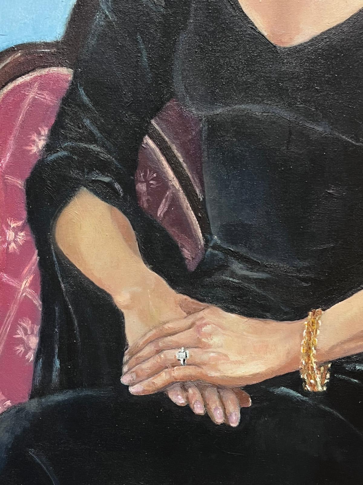 Large 1970's British Oil Painting Portrait of Seated Lady Black Dress Pearl Neck For Sale 1