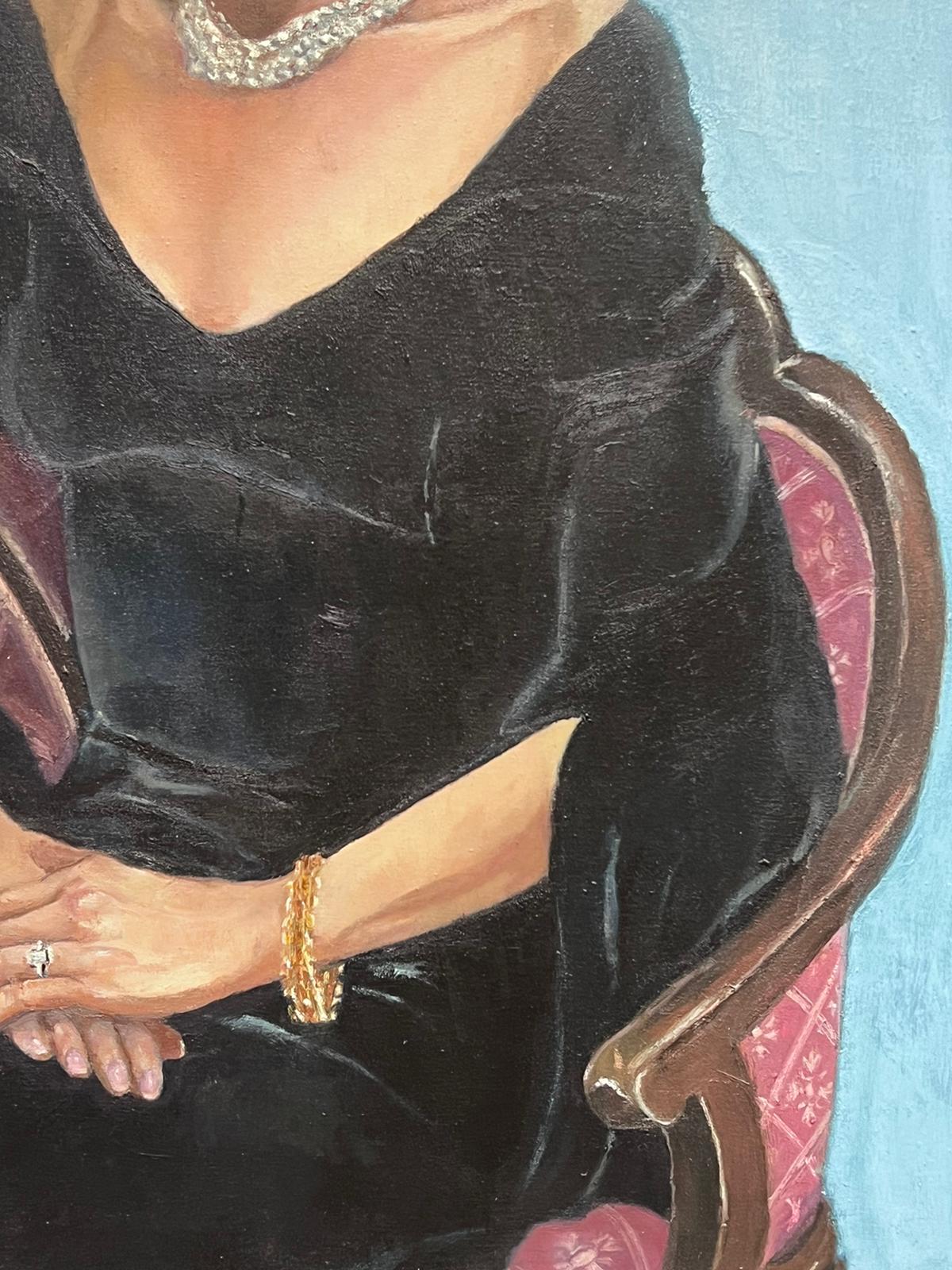 Large 1970's British Oil Painting Portrait of Seated Lady Black Dress Pearl Neck For Sale 2