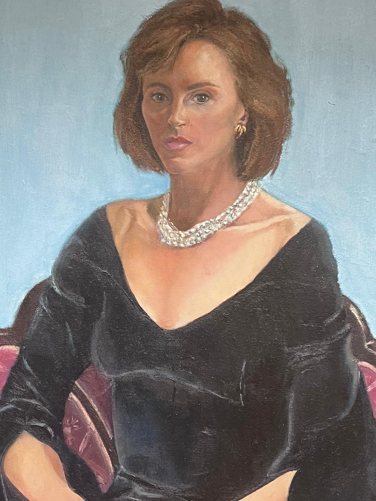Large 1970's British Oil Painting Portrait of Seated Lady Black Dress Pearl Neck For Sale 3