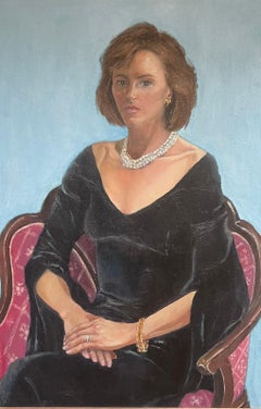 Large 1970's British Oil Painting Portrait of Seated Lady Black Dress Pearl Neck