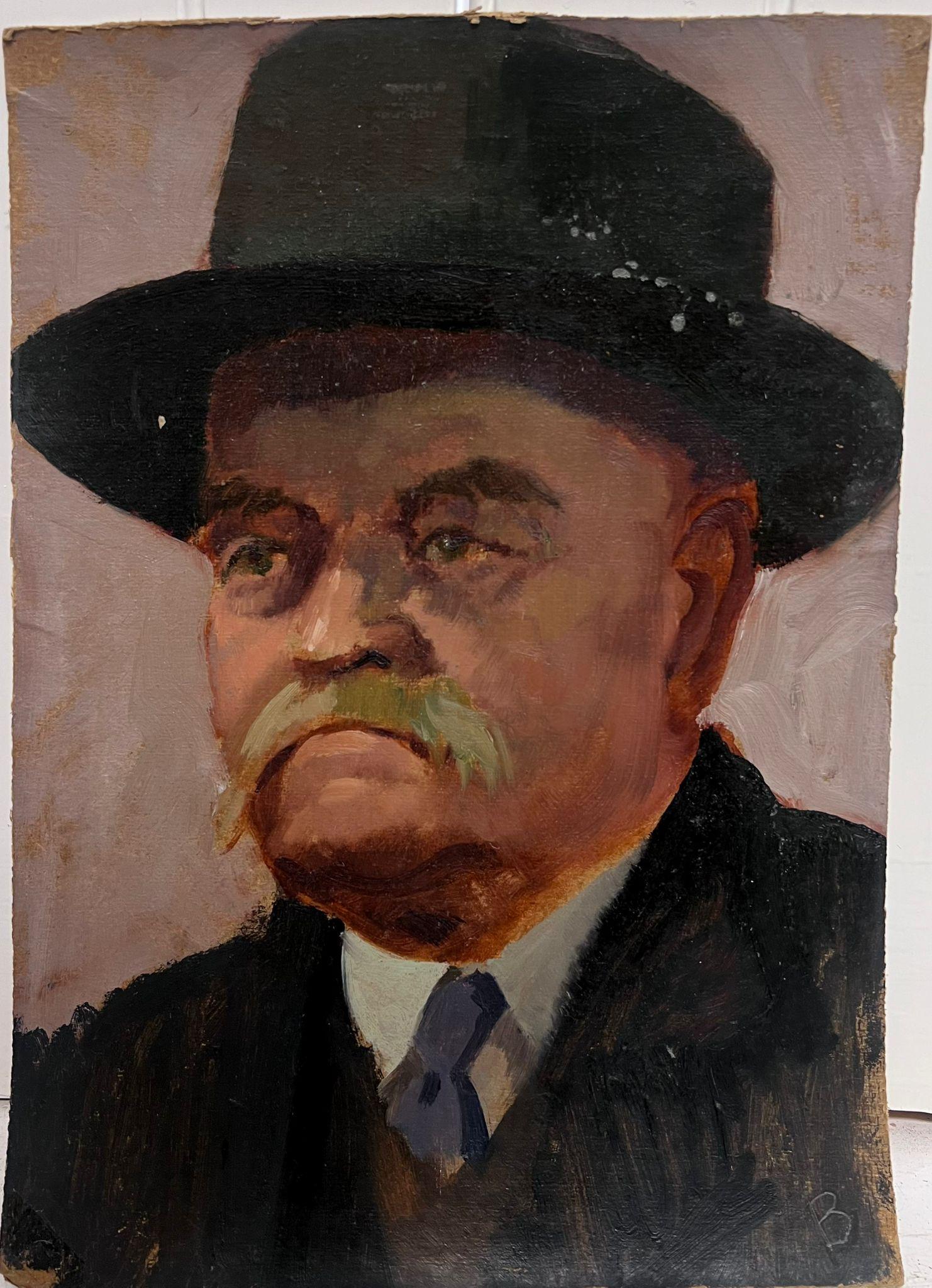 Mid 20th Century British Portrait of a Man with Mustache in a Hat oil painting - Painting by 20th Century British School