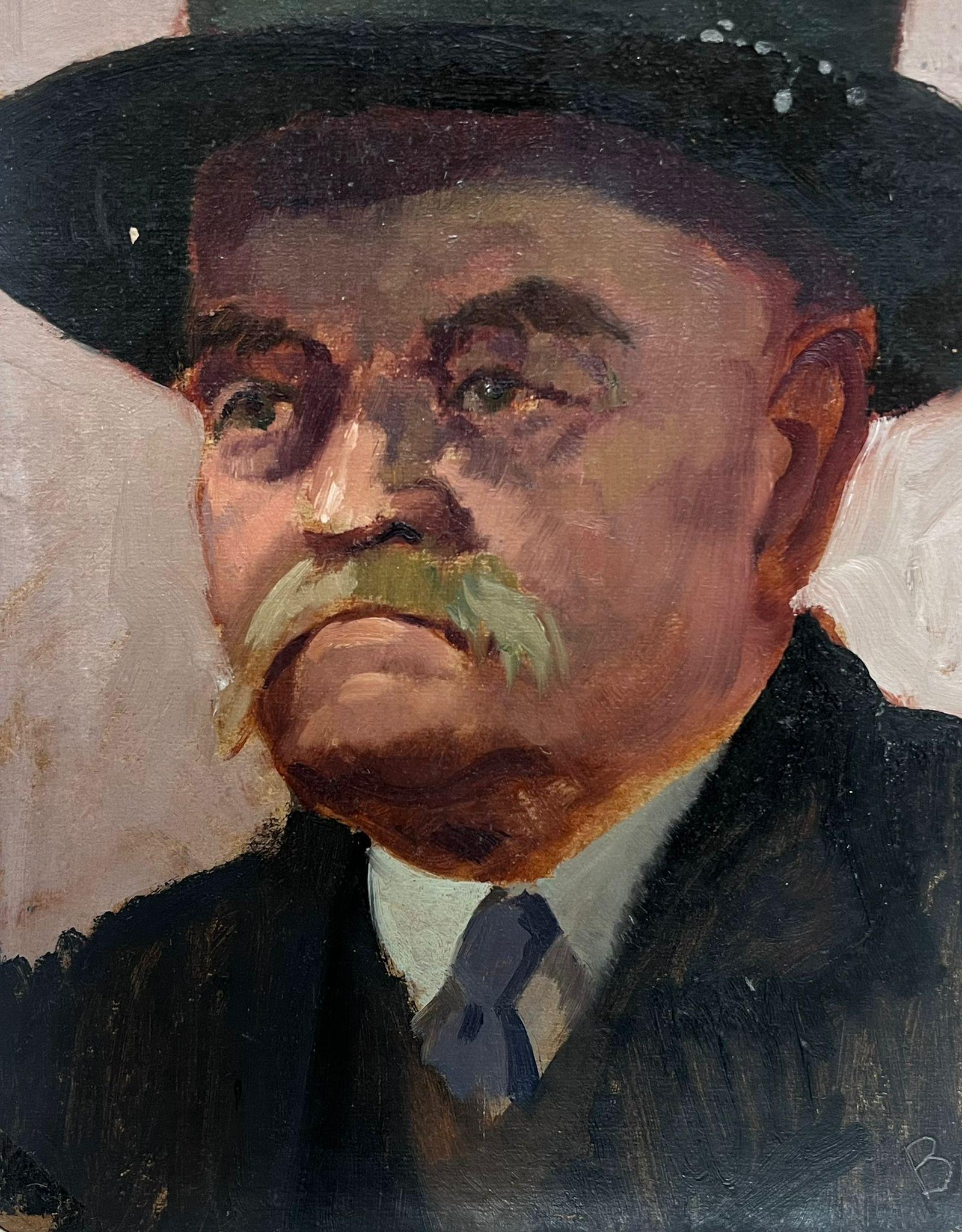 Mid 20th Century British Portrait of a Man with Mustache in a Hat oil painting - Modern Painting by 20th Century British School