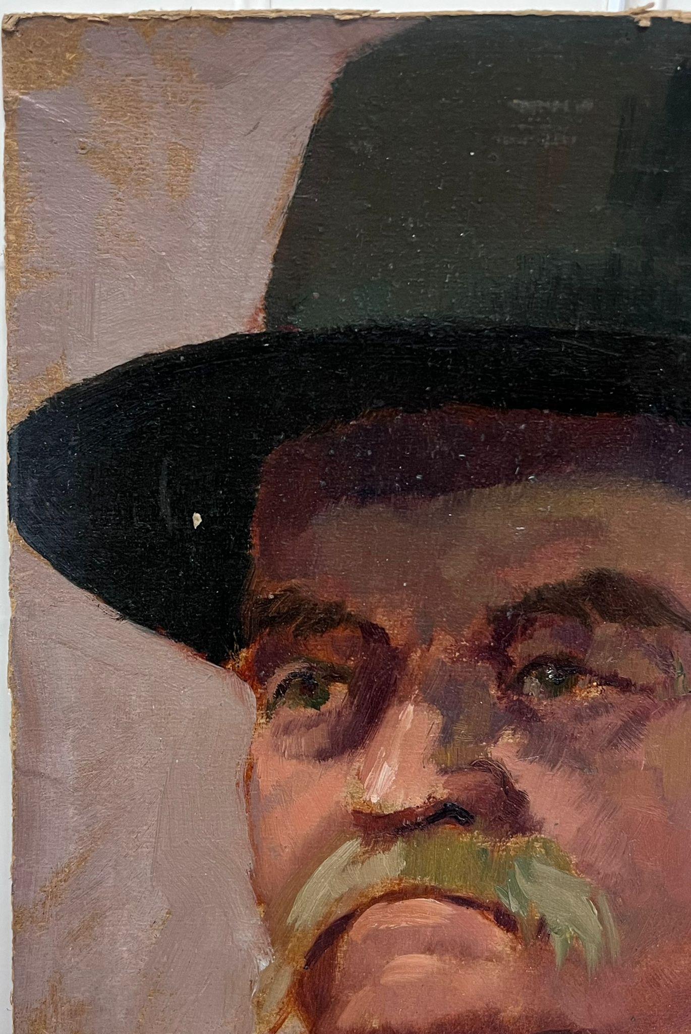 Mid 20th Century British Portrait of a Man with Mustache in a Hat oil painting - Black Portrait Painting by 20th Century British School