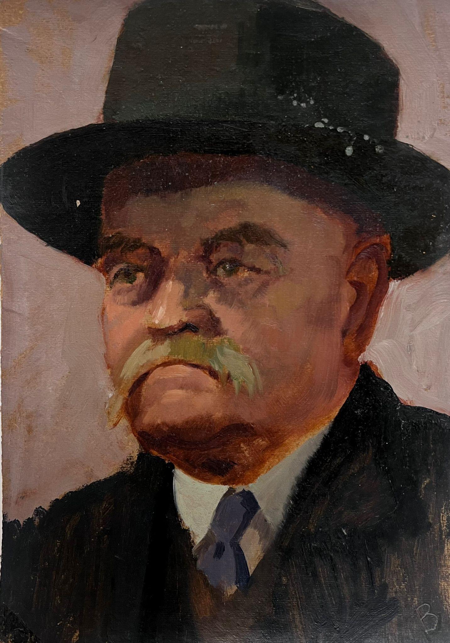 20th Century British School Portrait Painting - Mid 20th Century British Portrait of a Man with Mustache in a Hat oil painting
