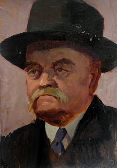 Vintage Mid 20th Century British Portrait of a Man with Mustache in a Hat oil painting