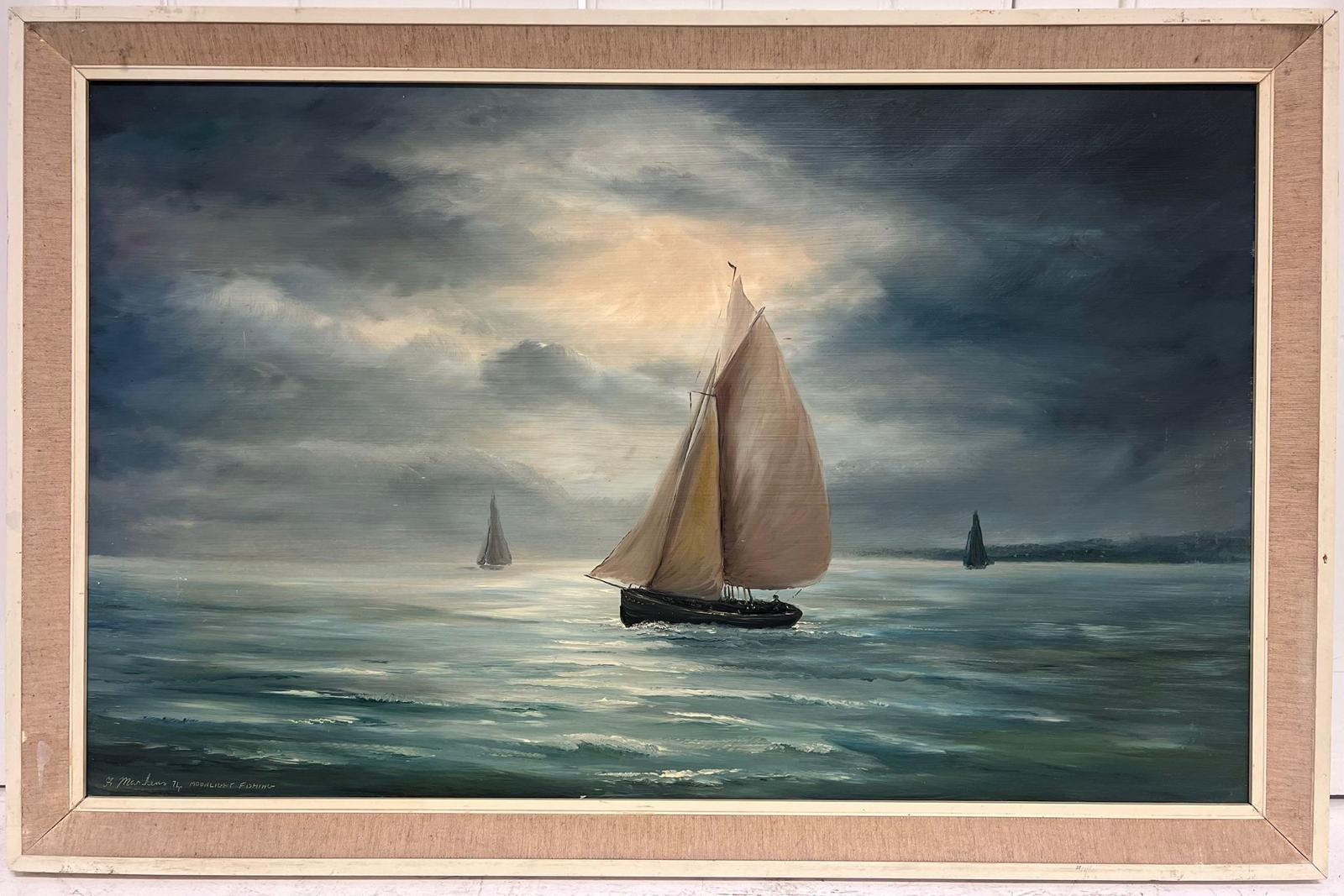 Moonlight Fishing
indistinctly signed, dated 1974
oil on board, framed
inscribed verso
framed: 21.5 x 32 inches
board: 18 x 29 inches
provenance: private collection, England
condition: very good and sound condition