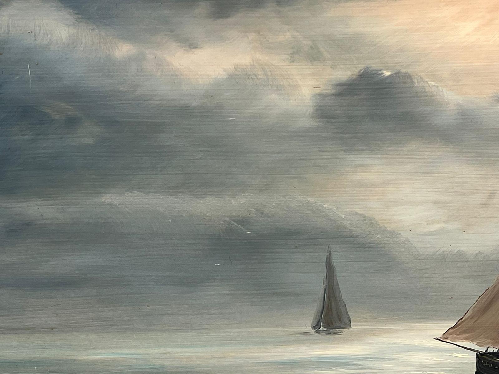 Moonlight Fishing Large 1970's British Oil Painting Fishing Boats at Sea signed 3