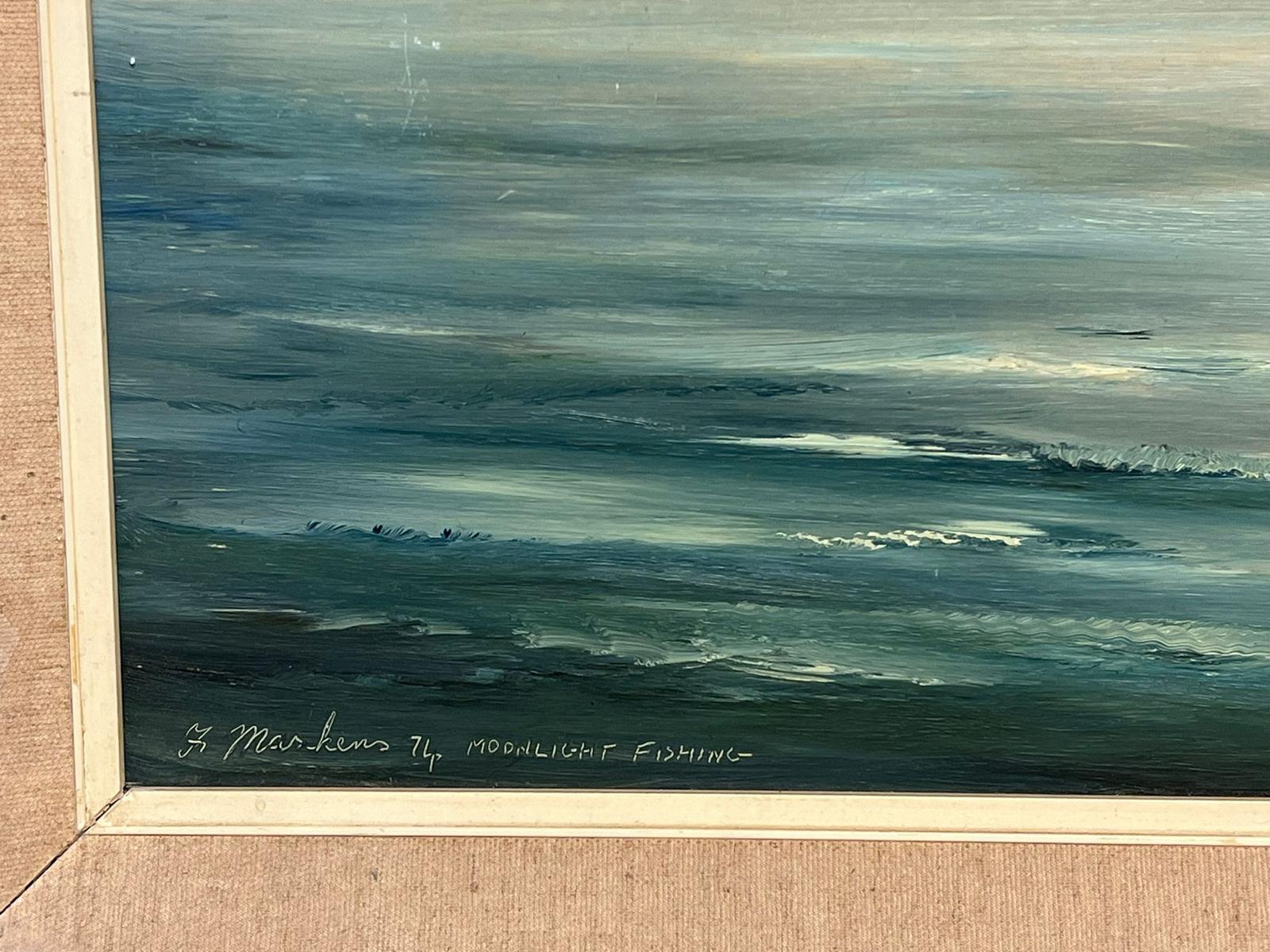 Moonlight Fishing Large 1970's British Oil Painting Fishing Boats at Sea signed 4