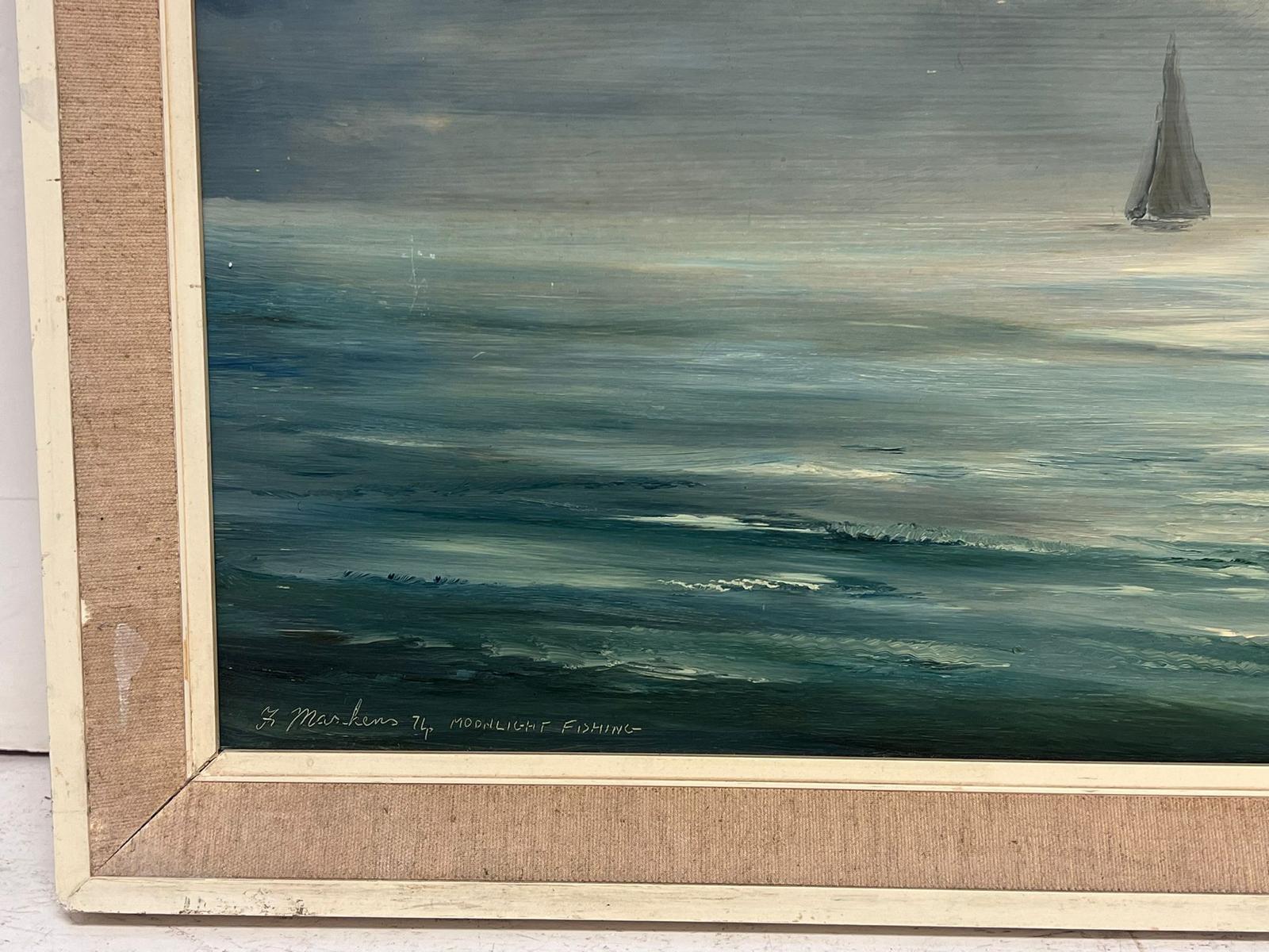 Moonlight Fishing Large 1970's British Oil Painting Fishing Boats at Sea signed 5