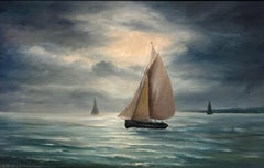 Moonlight Fishing Large 1970's British Oil Painting Fishing Boats at Sea signed