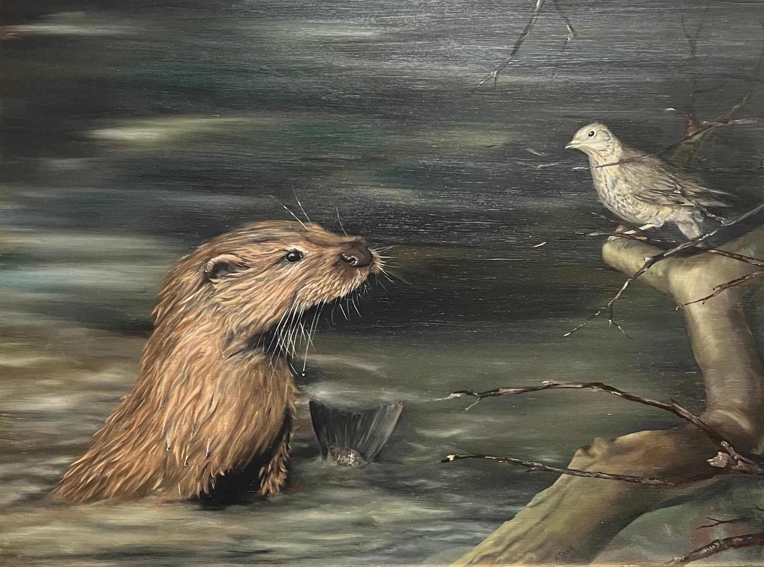 The Encounter, Otter, Fish and Bird
English School, 20th century
indistinctly signed oil on board, framed
Framed: 21 x 27 inches
Board: 17 x 24 inches
Provenance: private collection, England
Condition: very good condition 

Description:
This