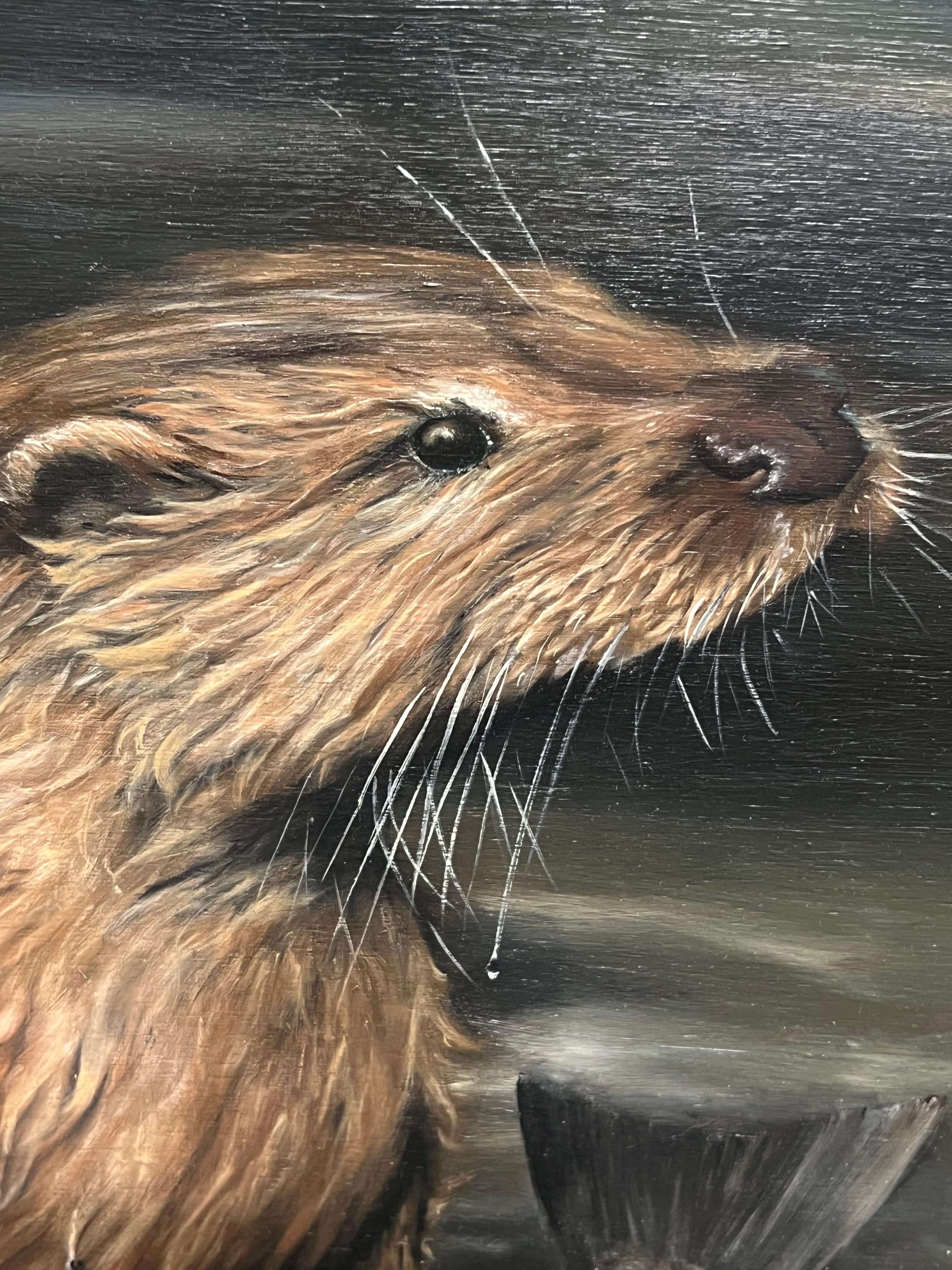 Otter Fishing the River and Bird Quiet Encounter Signed English Oil Painting 1