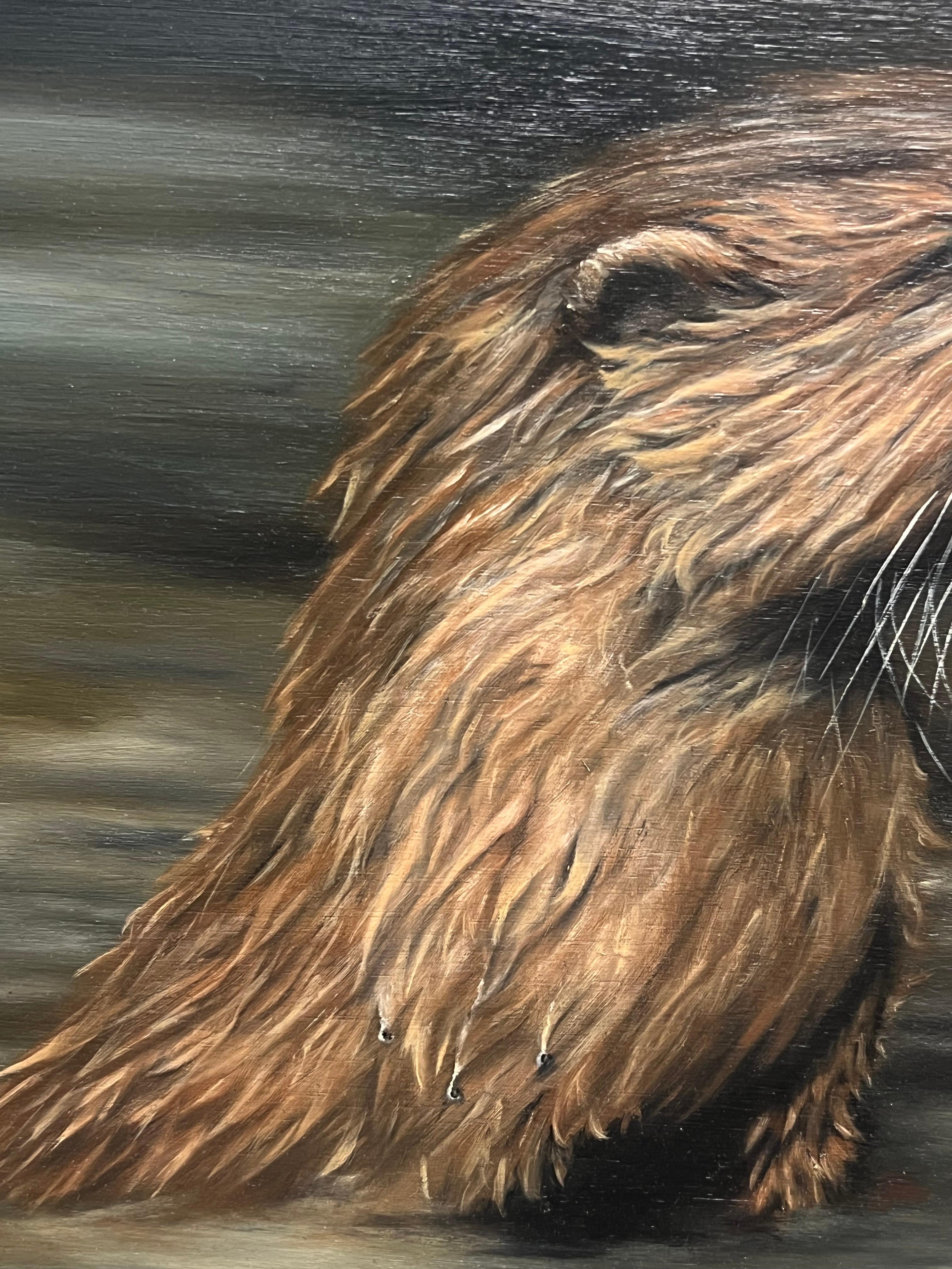 Otter Fishing the River and Bird Quiet Encounter Signed English Oil Painting 2