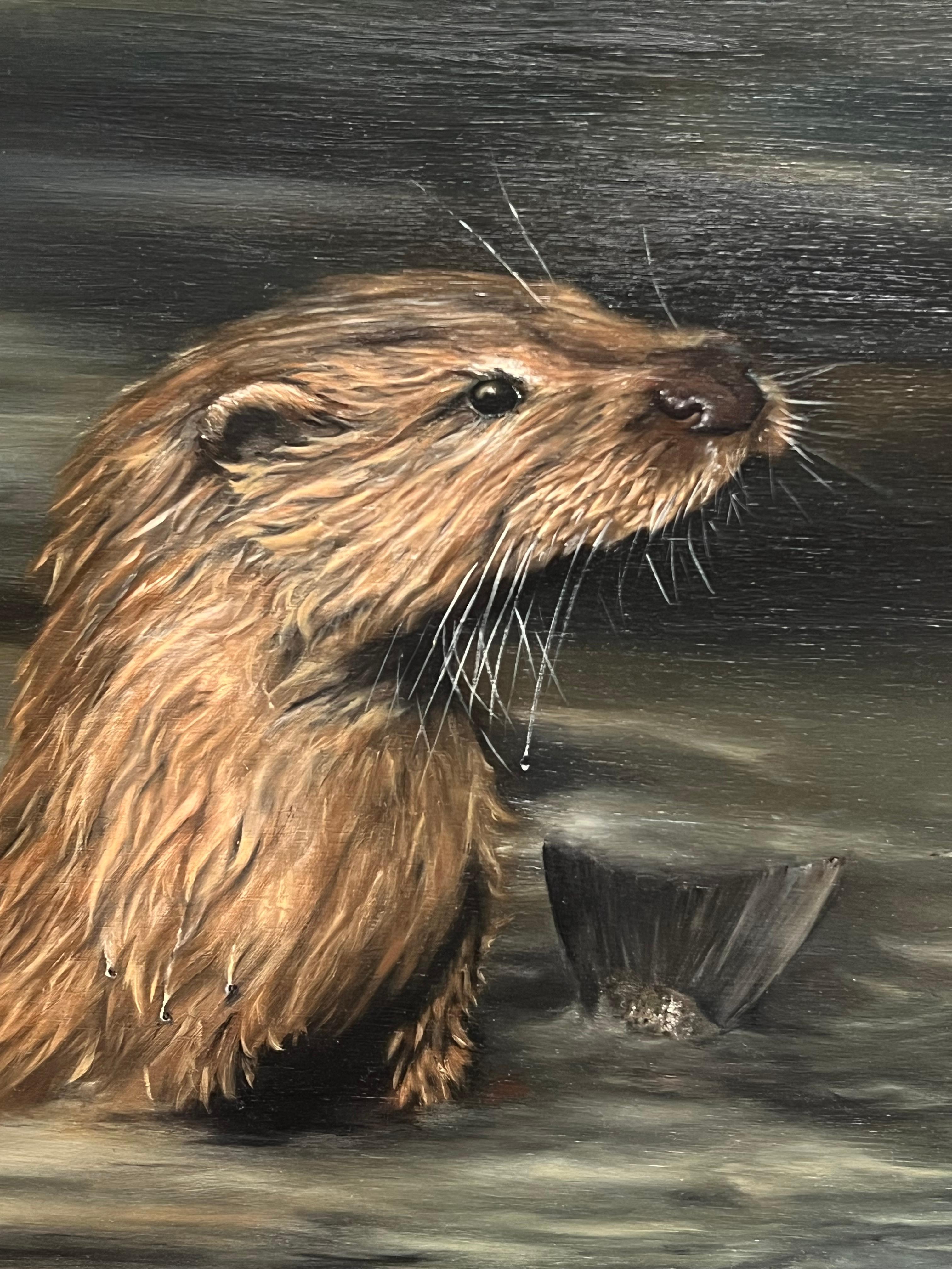 Otter Fishing the River and Bird Quiet Encounter Signed English Oil Painting 5