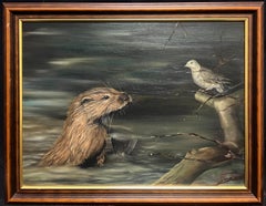 Otter Fishing the River and Bird Quiet Encounter Signed English Oil Painting