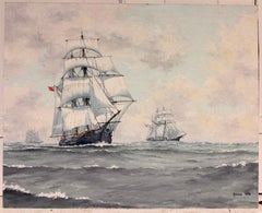 Traditional British Marine Oil Painting of Square Rigged Sailing Ships at Sea