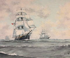 20th Century British School - Traditional British Marine Oil Painting of Square Rigged Sailing Ships at Sea Traditional British Marine Oil Painting of Square Rigged Sailing Ships at Sea