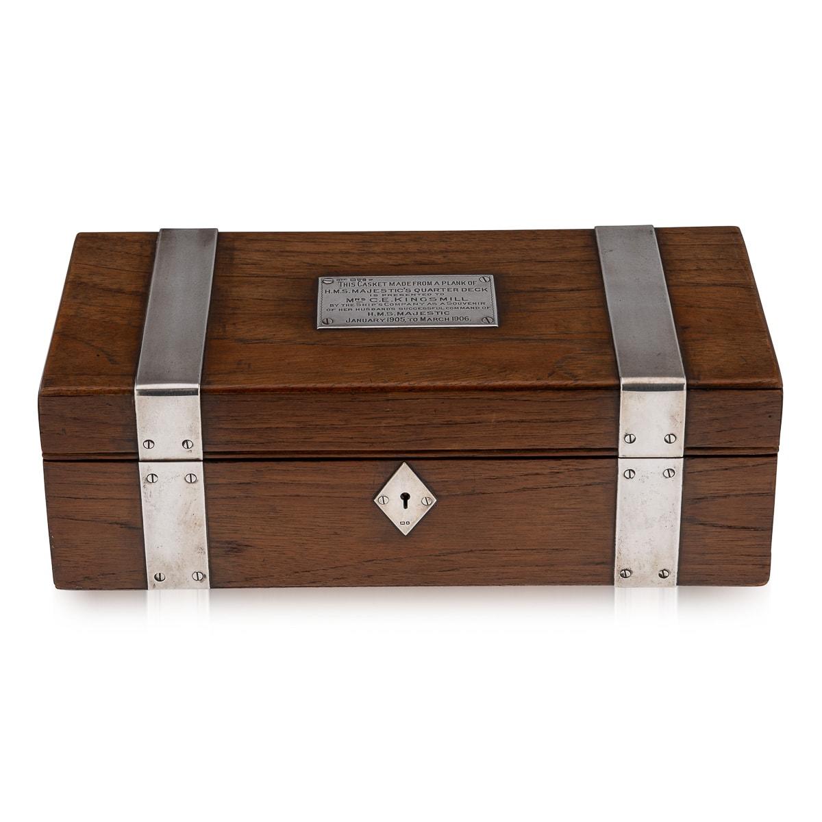 Antique early 20thC British solid silver & wood large presentation box, of very impressive size and heavy gauge, bound by two sterling silver straps and diamond shaped escutcheon. Hallmarked English silver (925 standard), Chester, year 1905 (E),