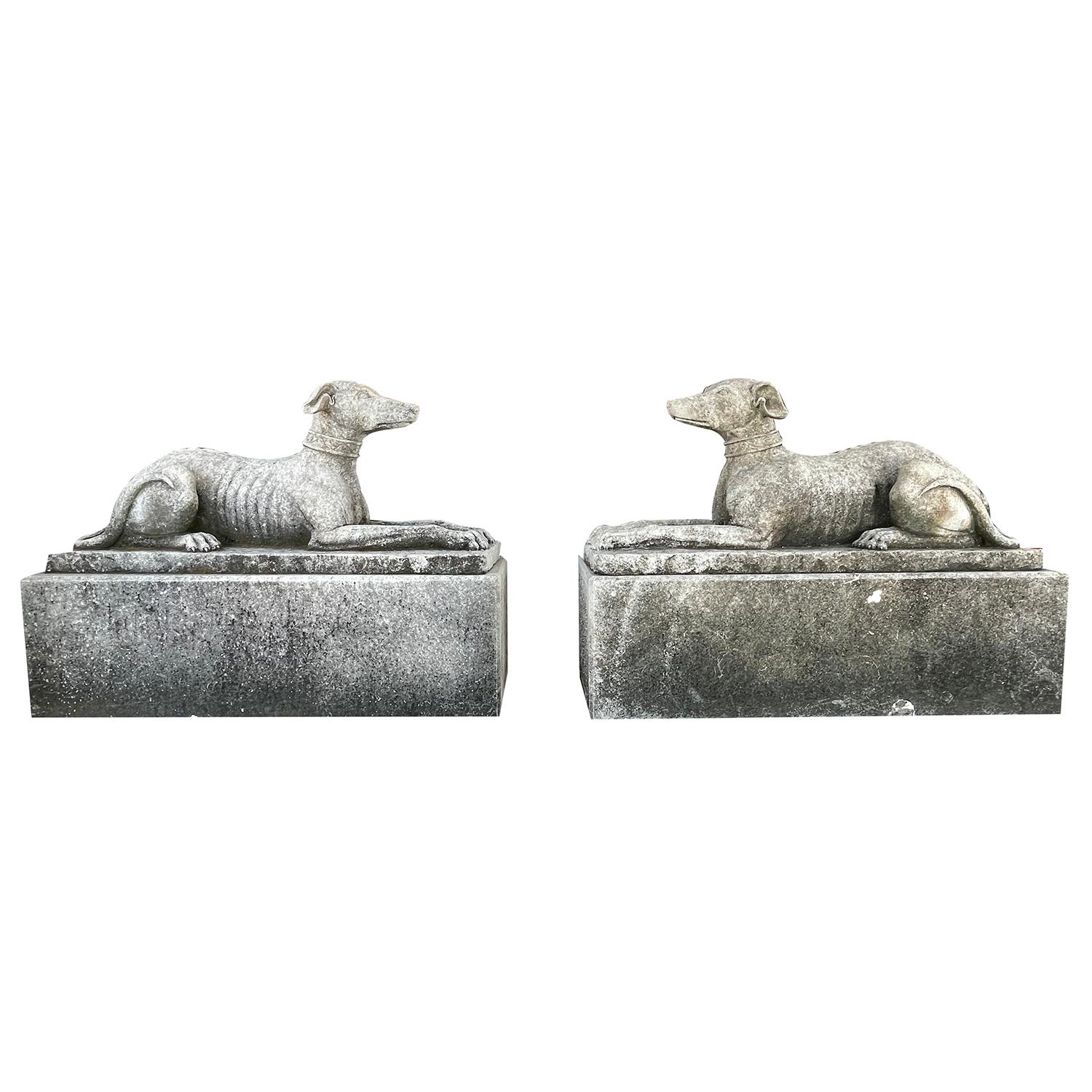 English 20th Century British Vintage Pair of Whippet Garden Limestone Statues For Sale