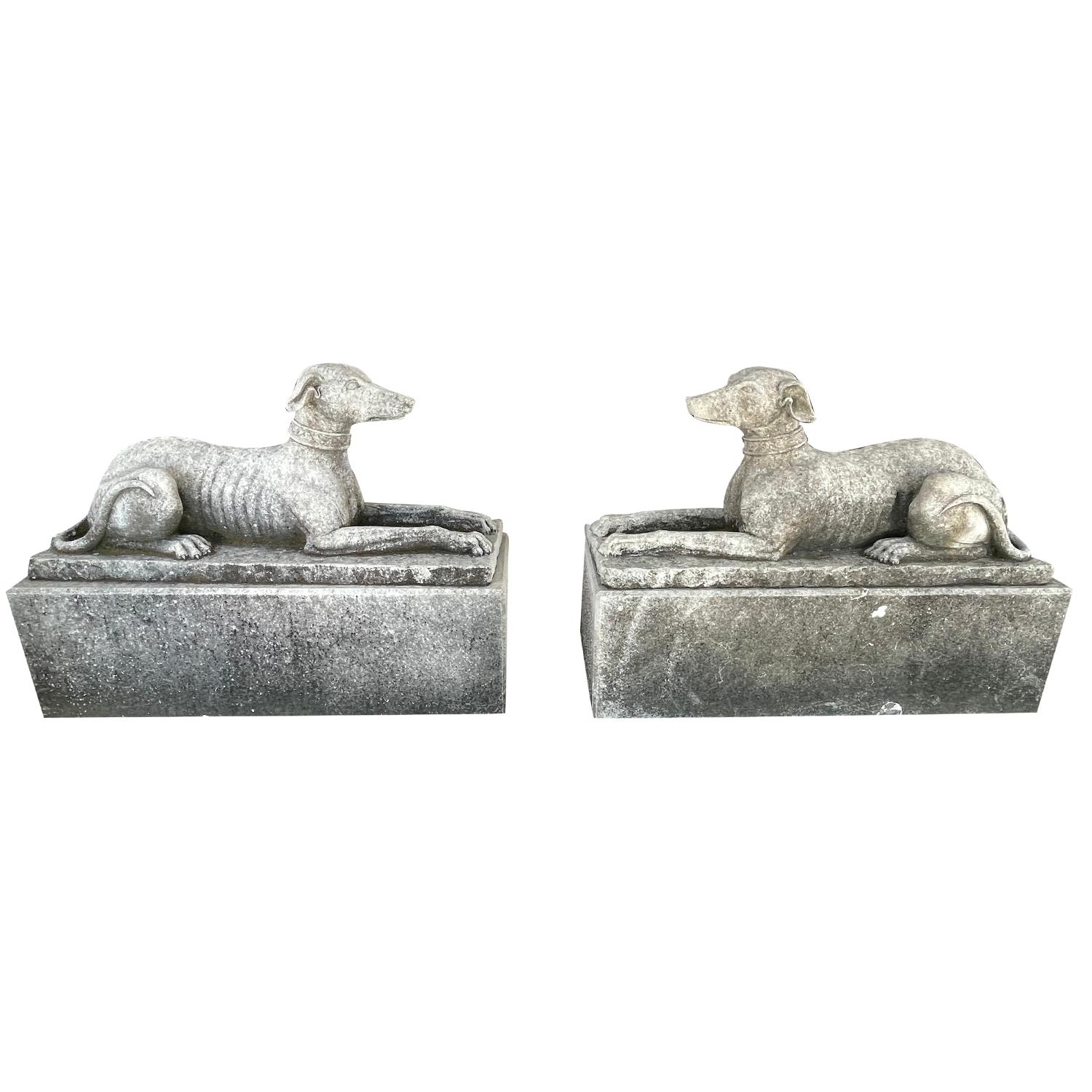 Hand-Carved 20th Century British Vintage Pair of Whippet Garden Limestone Statues For Sale