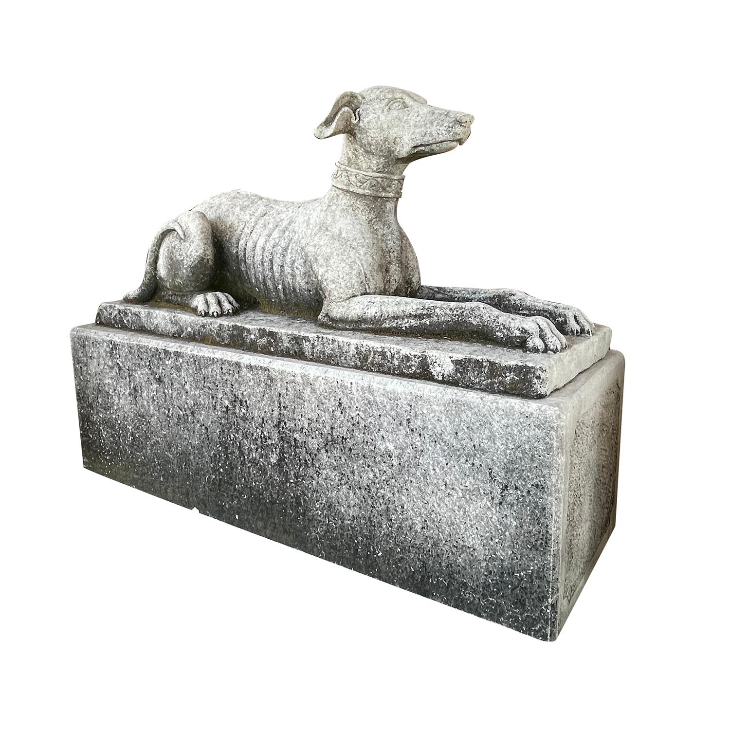 20th Century British Vintage Pair of Whippet Garden Limestone Statues In Good Condition For Sale In West Palm Beach, FL