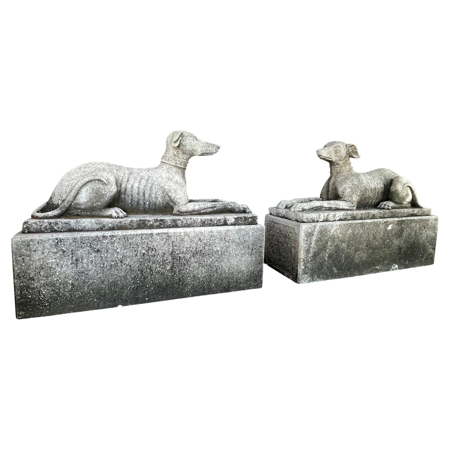 20th Century British Vintage Pair of Whippet Garden Limestone Statues For Sale
