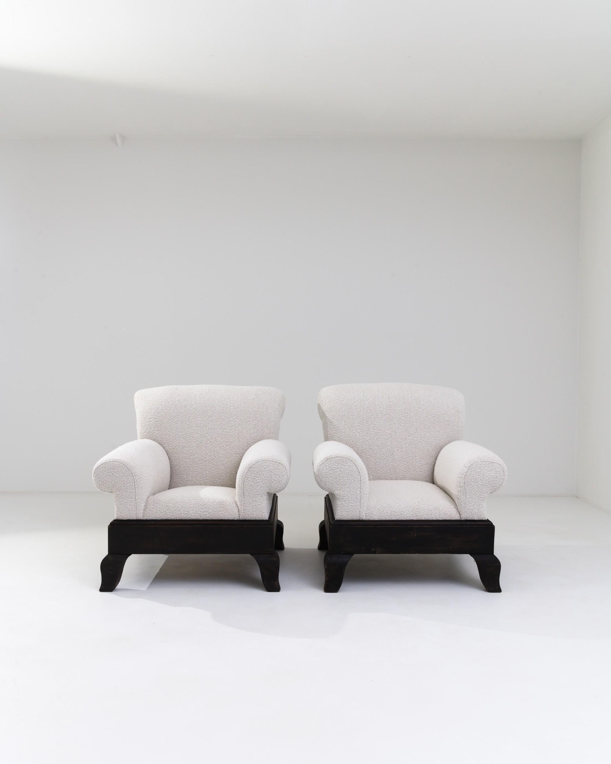 Bouclé 20th Century British Wooden Upholstered Armchairs, a Pair  For Sale