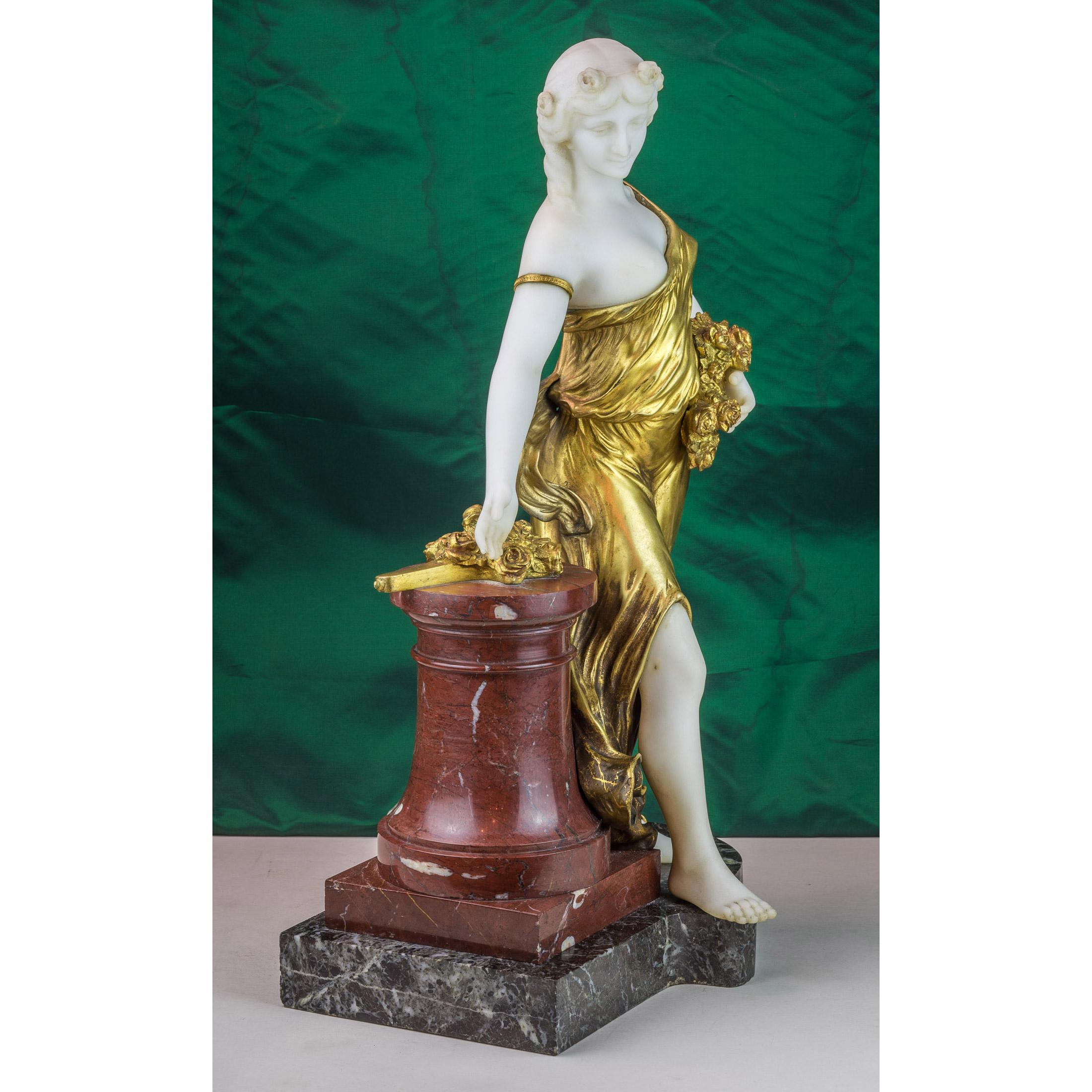 Exquisite bronze and marble figure of a woman with flowers by H. Fugère.
In gilt bronze dress leaning on a marble column with flowers in her hand, on a shaped marble base.
Artist: Henri Fugère (1872-1944)
Date: circa 1900
Origin: French
Size: 21 in