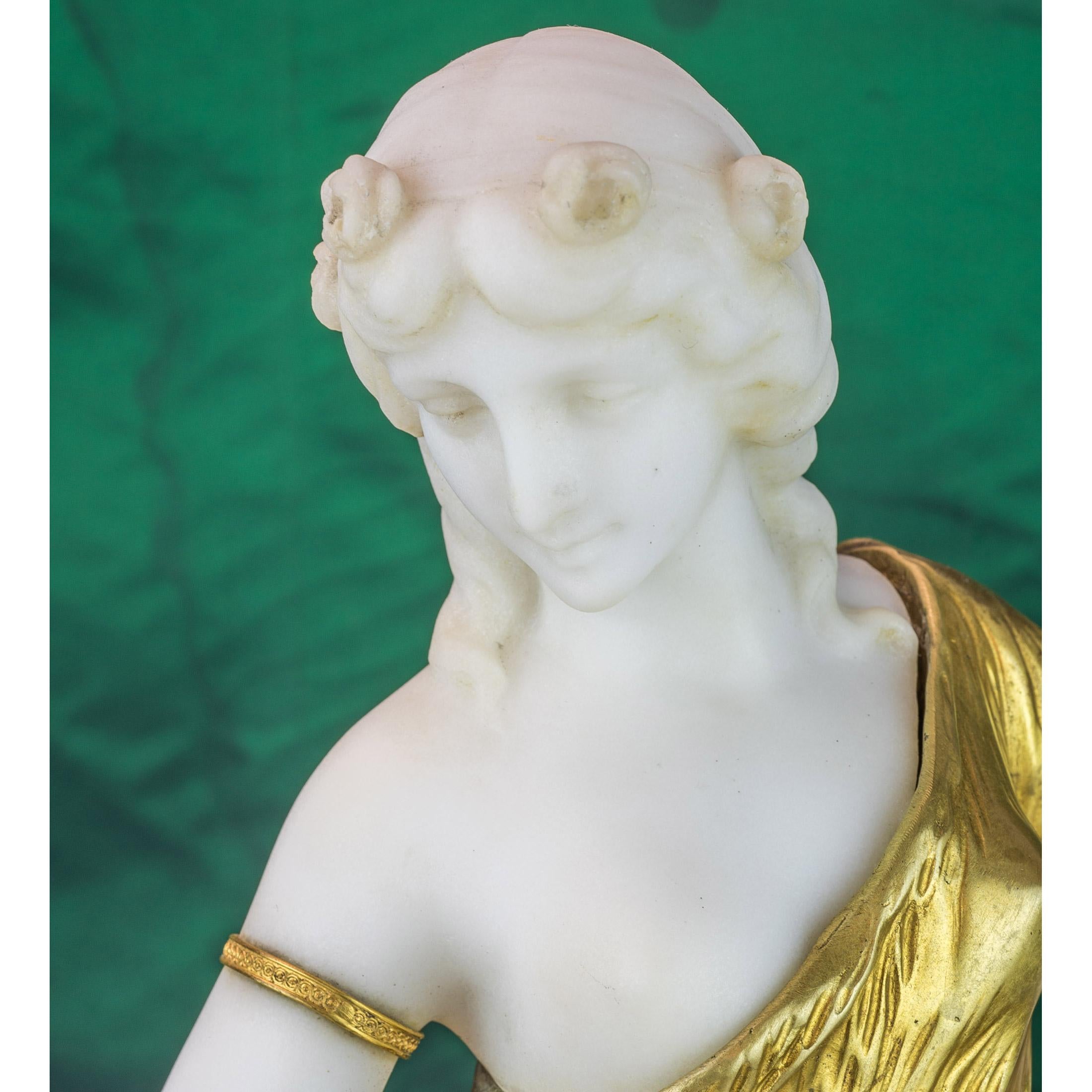 Carved Bronze and Marble Sculpture Statue of a Woman by H. Fugère For Sale