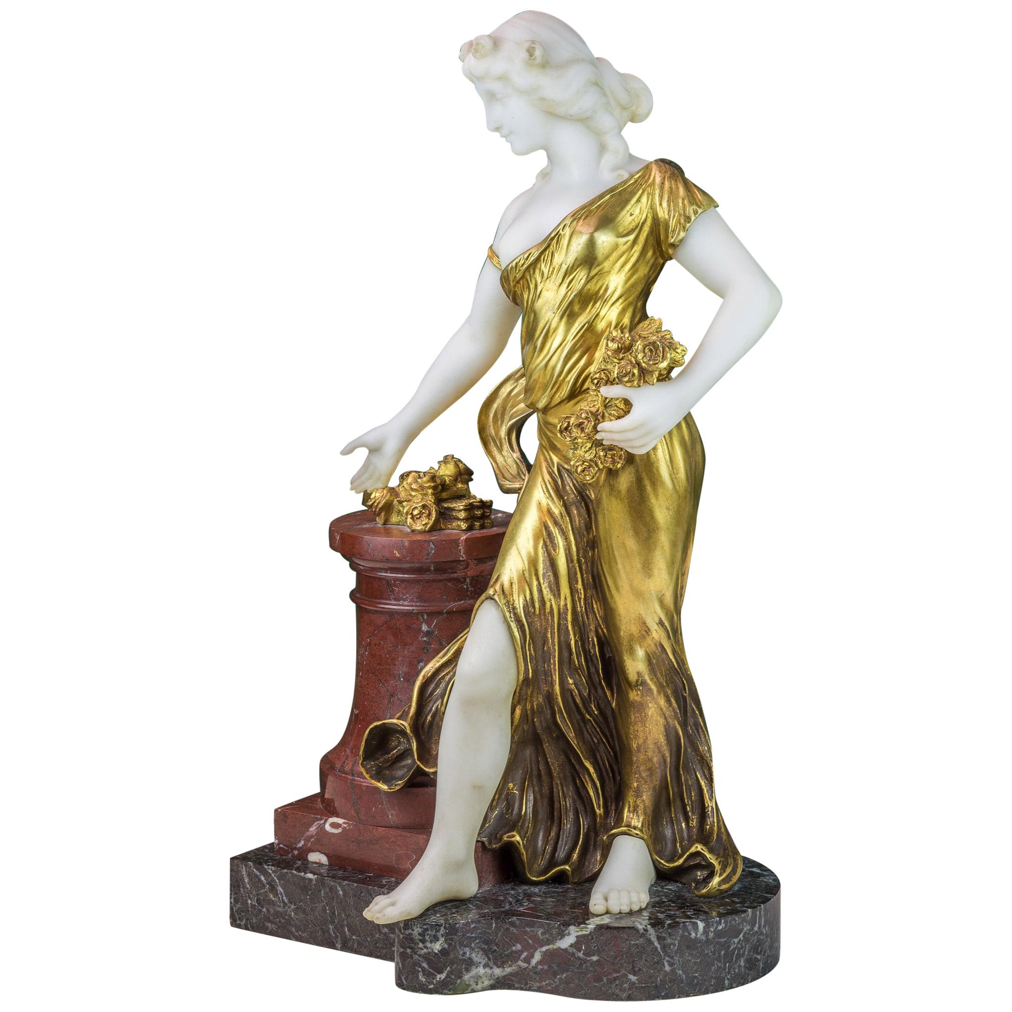 Bronze and Marble Sculpture Statue of a Woman by H. Fugère For Sale