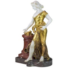 Vintage Bronze and Marble Sculpture Statue of a Woman by H. Fugère