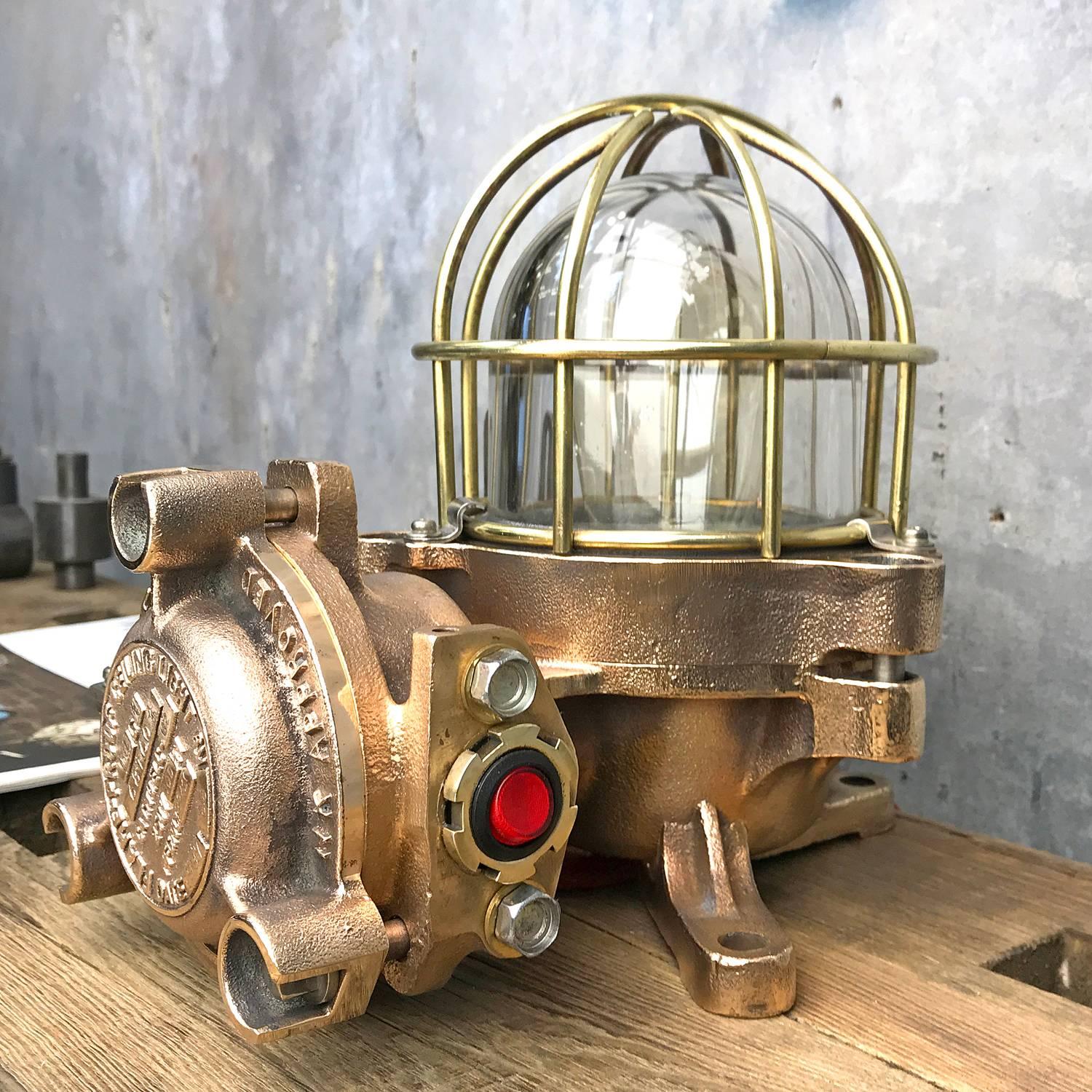 Machine-Made 20th Century Bronze / Brass Industrial Flame Proof Ceiling Light / Desk Lamp For Sale