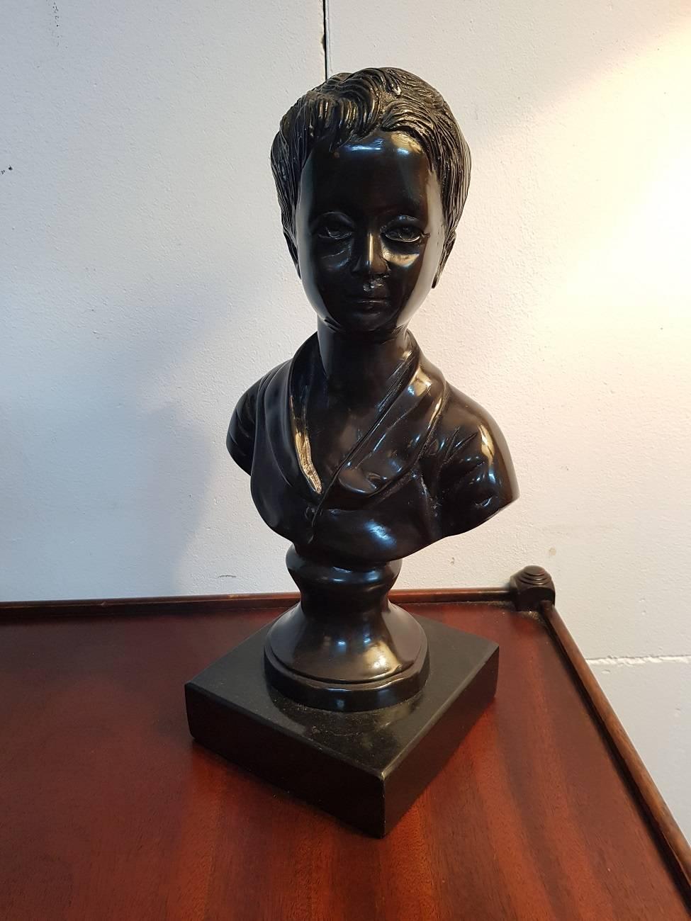 20th Century Bronze Busts of a Boy and a Girl on Black Marble Base For Sale 1