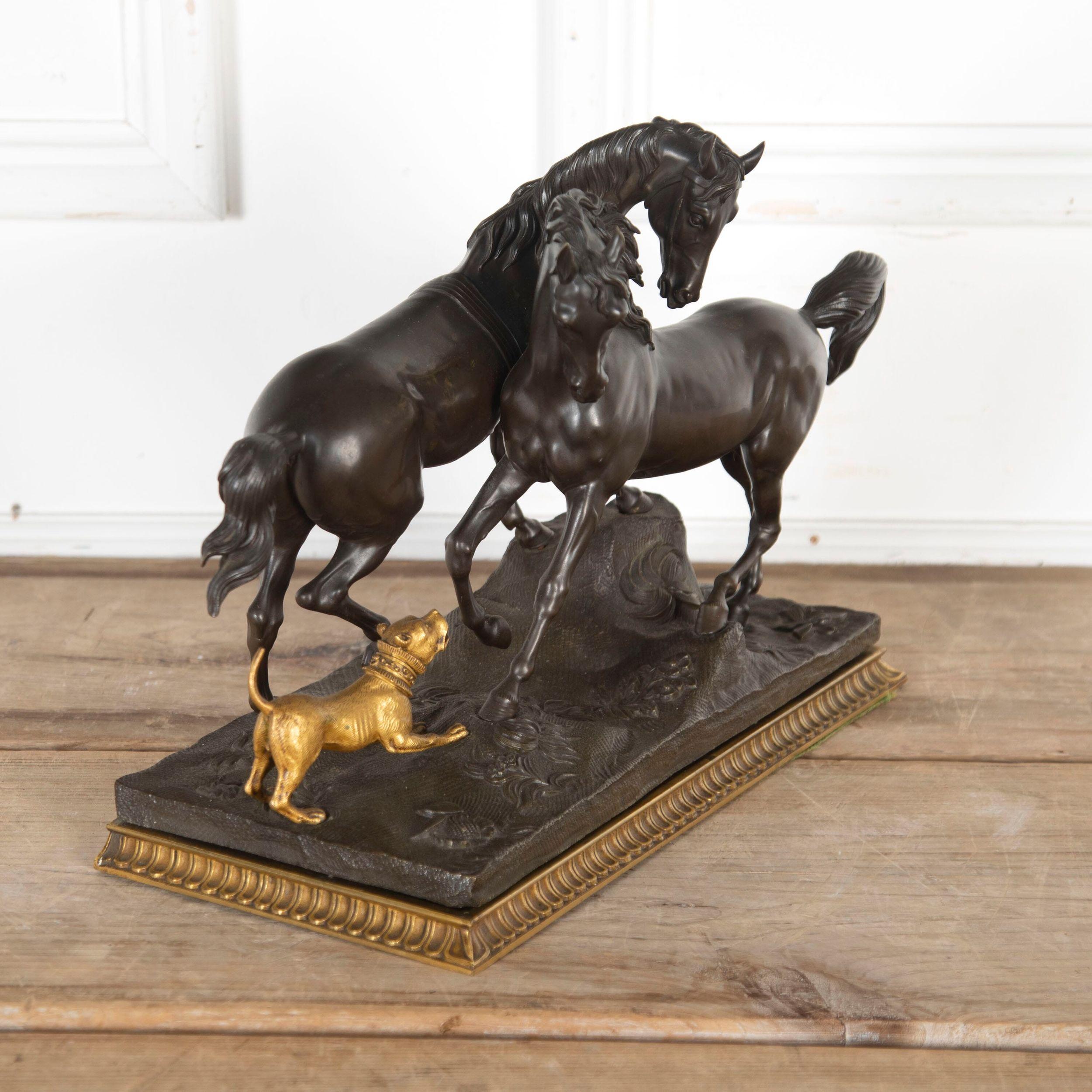 20th Century Bronze Group of Two Horses and a Dog After P.J. Mene 1