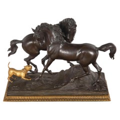 Groupe de deux chevaux et un chien en bronze du 20e siècle d'après P.J. Mene