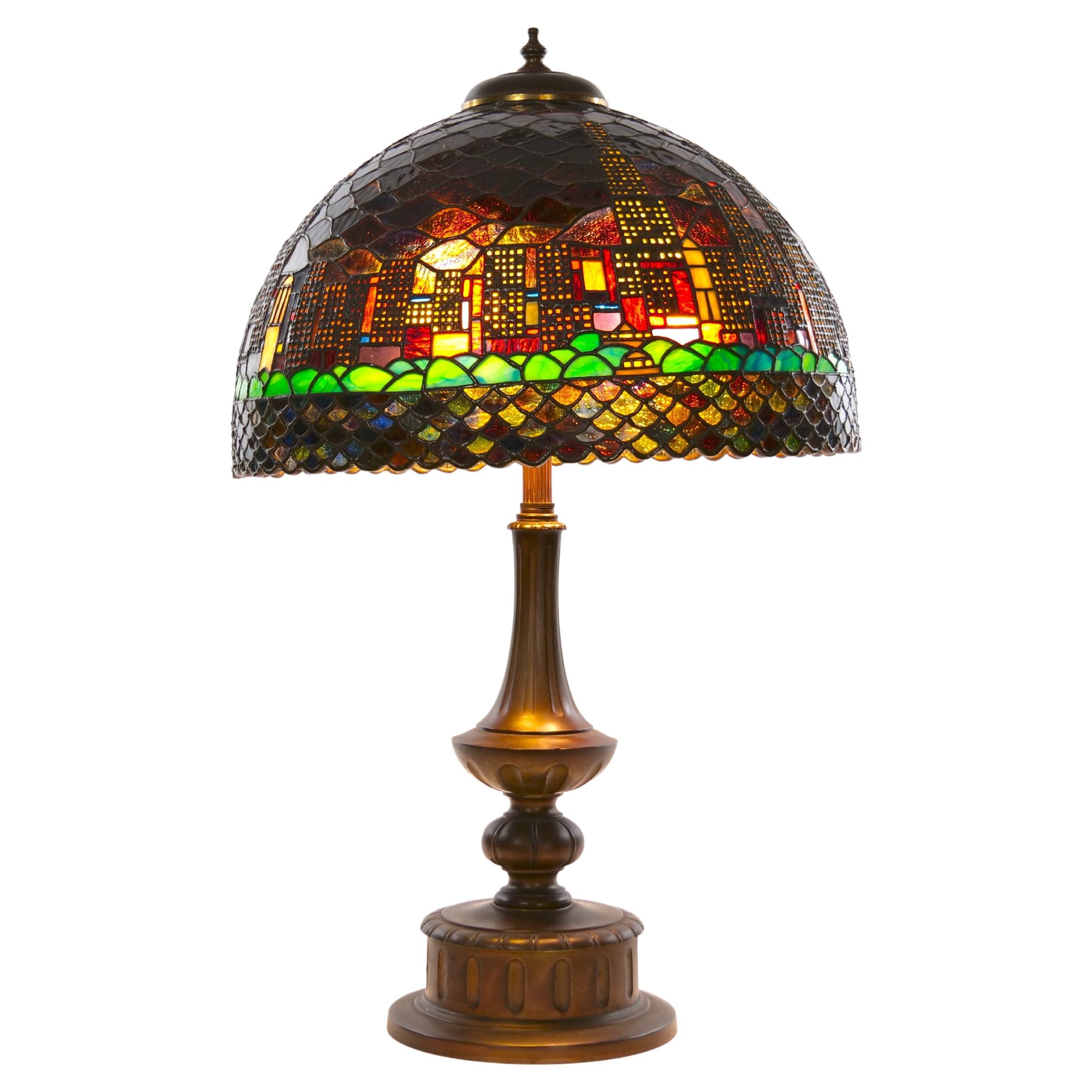 20th Century Bronze / Leaded Glass Shade Table Lamp