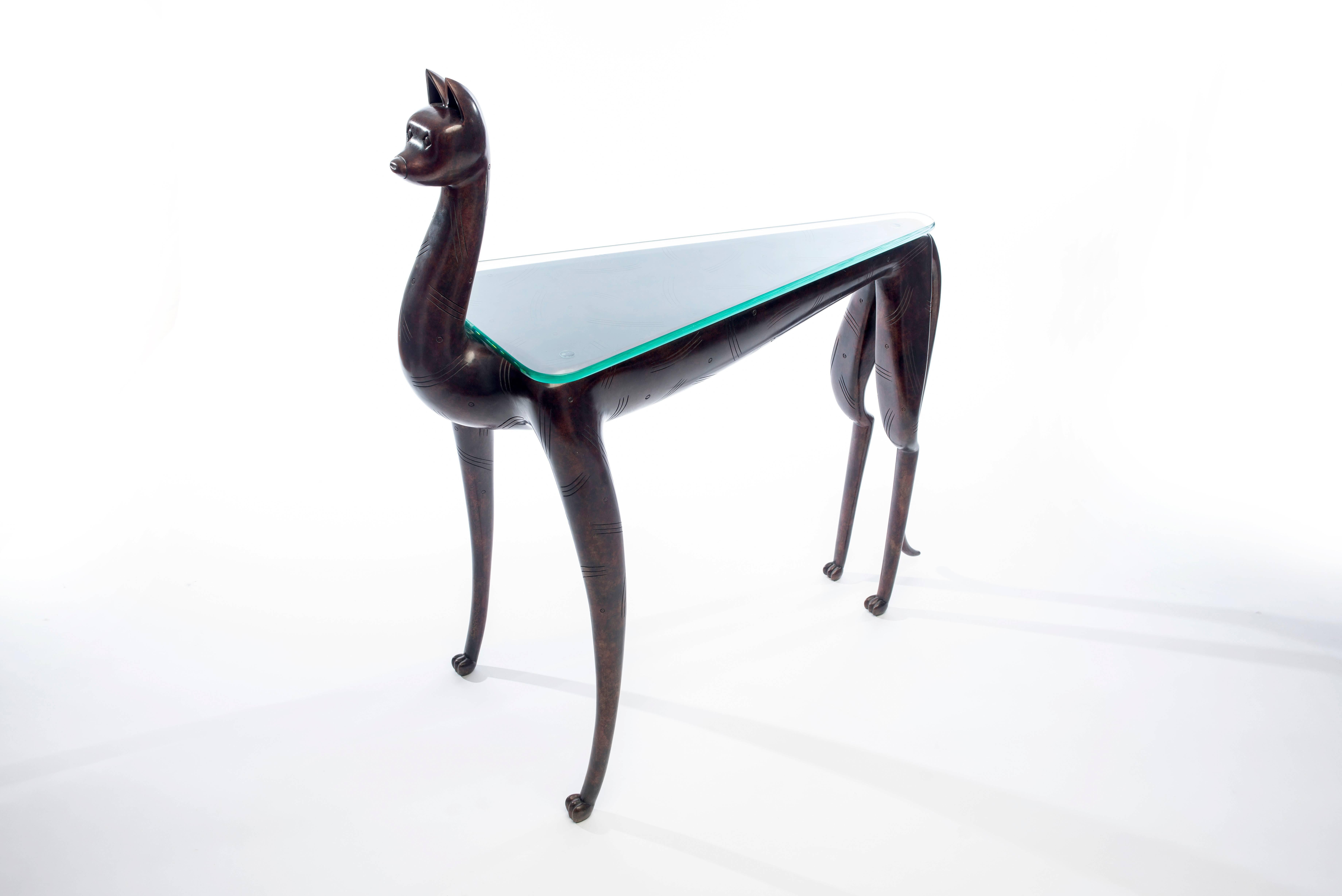 Glass 20th Century Bronze Lynx Table by Judy McKie