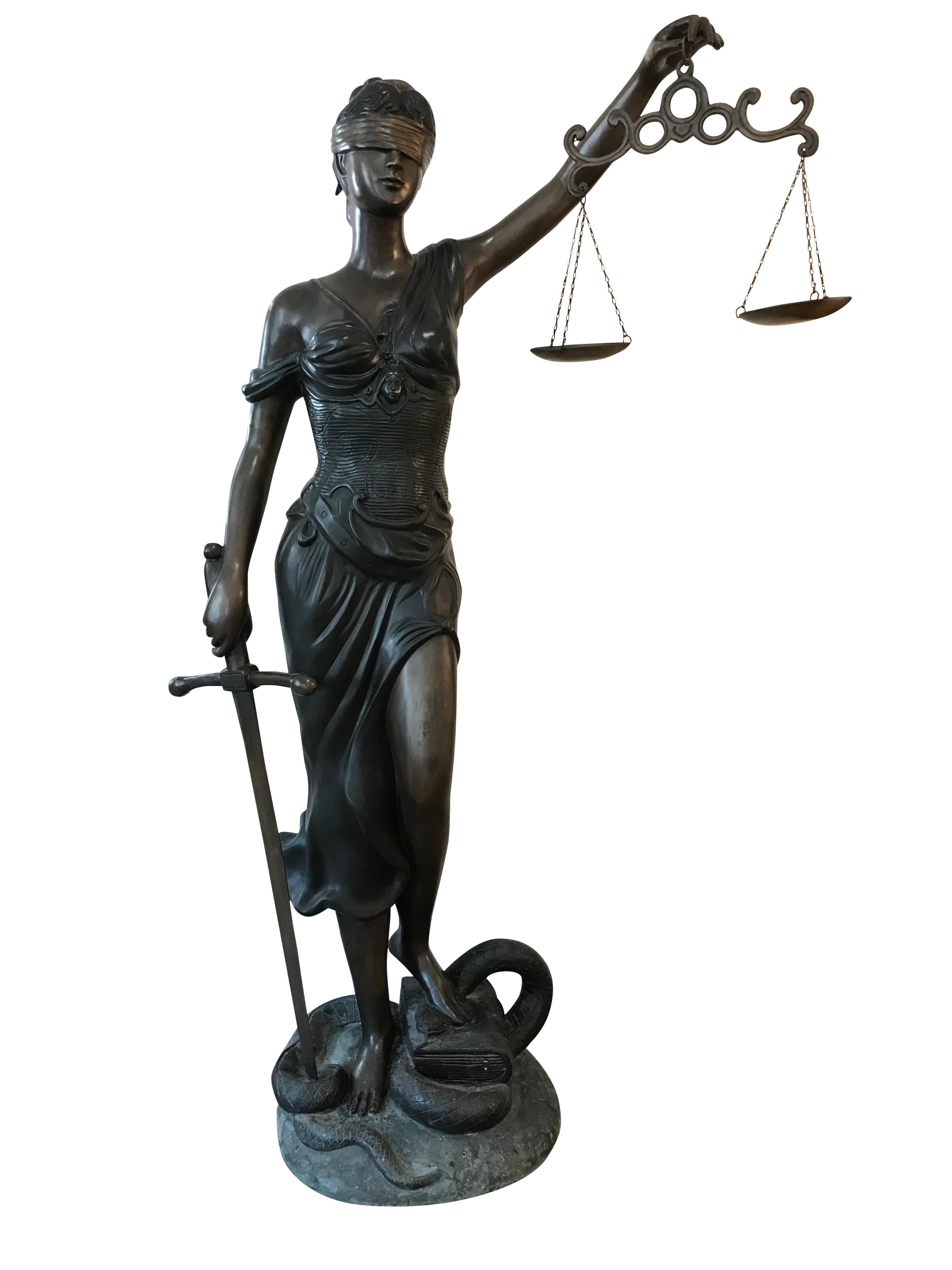 Beautiful quality lifesize bronze of the Roman Goddess Iusticia, or more recently named Lady Justice, depicted here wearing a blindfold to represent objectivity, holding scales to represent evidence, and a sword to represent punishment and standing