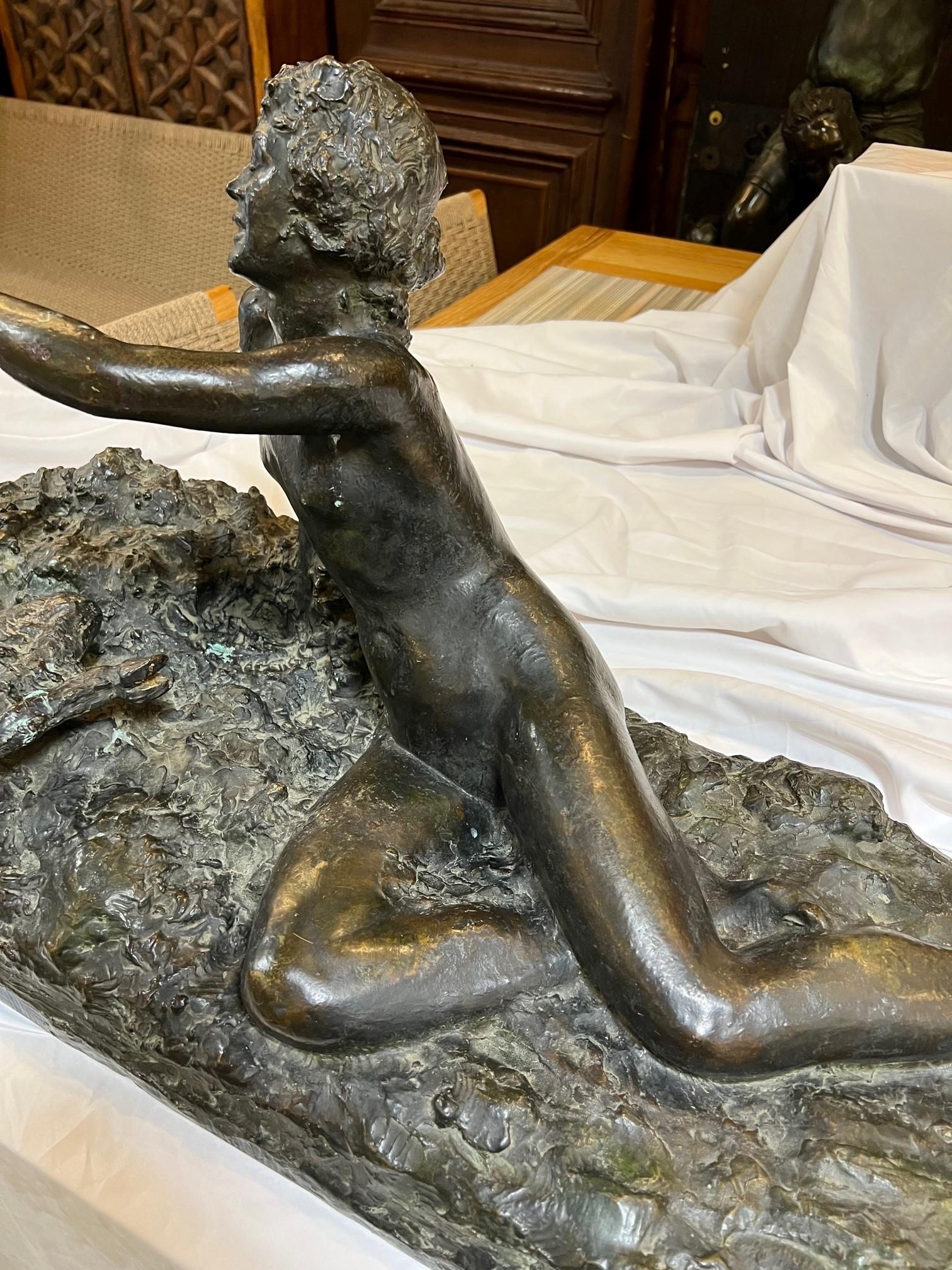 French  20th Century Bronze Sculpture Nymph Feeding Baby Satyr by George Conlon     For Sale