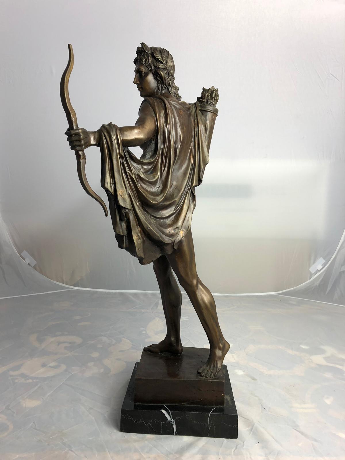 A 20th century bronze statue of Apollo the Greek god of archery.

Apollo (Attic, Ionic, and Homeric Greek: ?p?????, Apollo, is one of the most important and complex of the Olympian deities in classical Greek and Roman religion and Greek and Roman